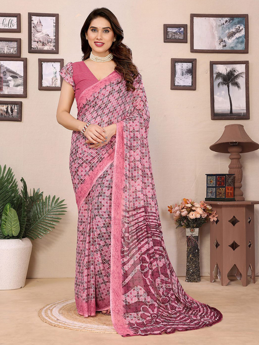 

Moda Rapido Printed Saree With Blouse Piece, Pink