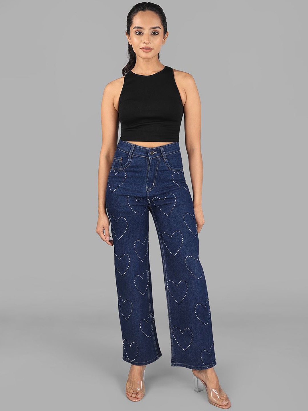 

Wear Your Words Women Lovey Dovey High Rise Cotton Wide Leg Jeans, Blue
