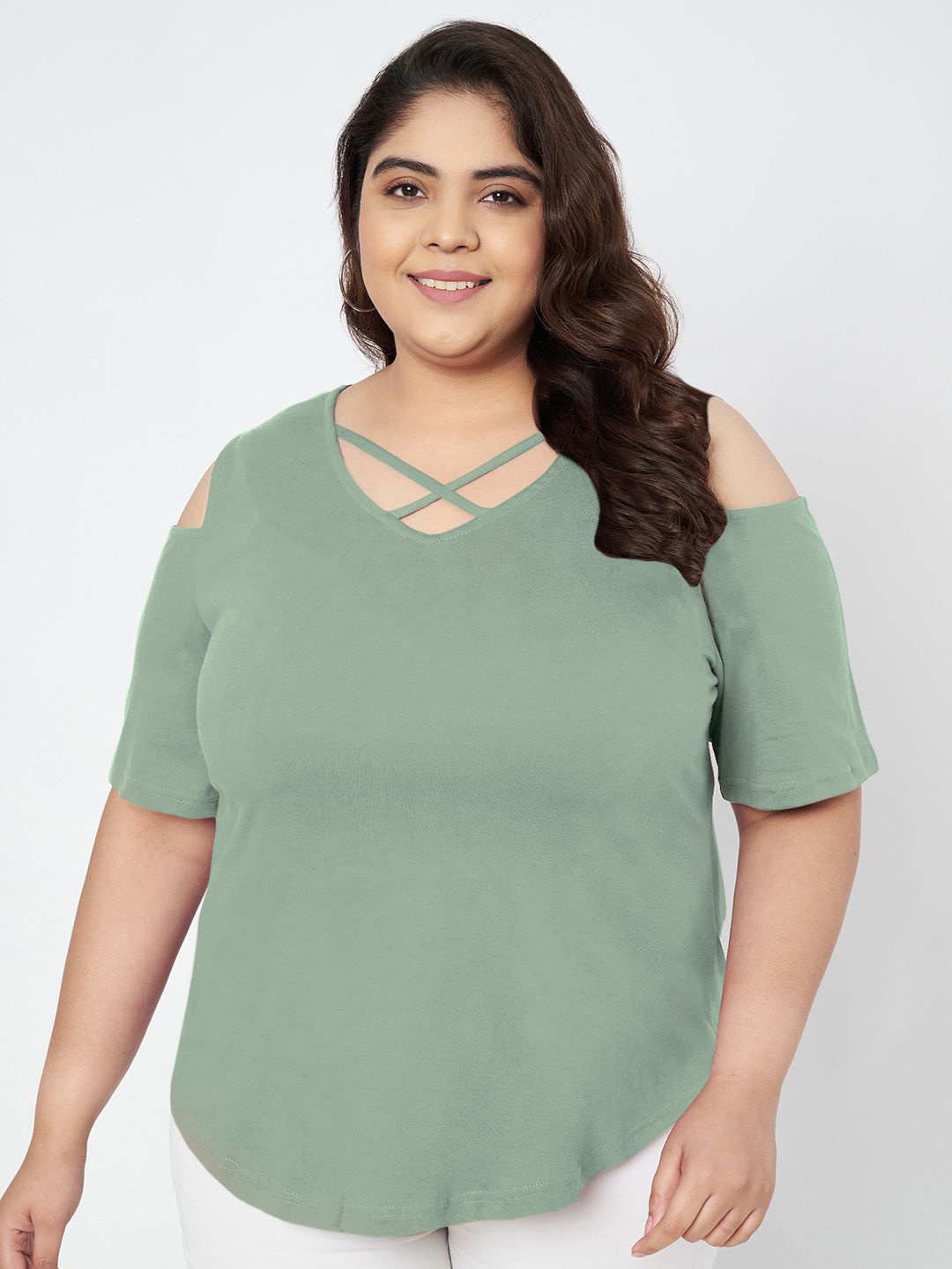 

BRINNS Plus Size Cut Out Detail Cotton Top, Green