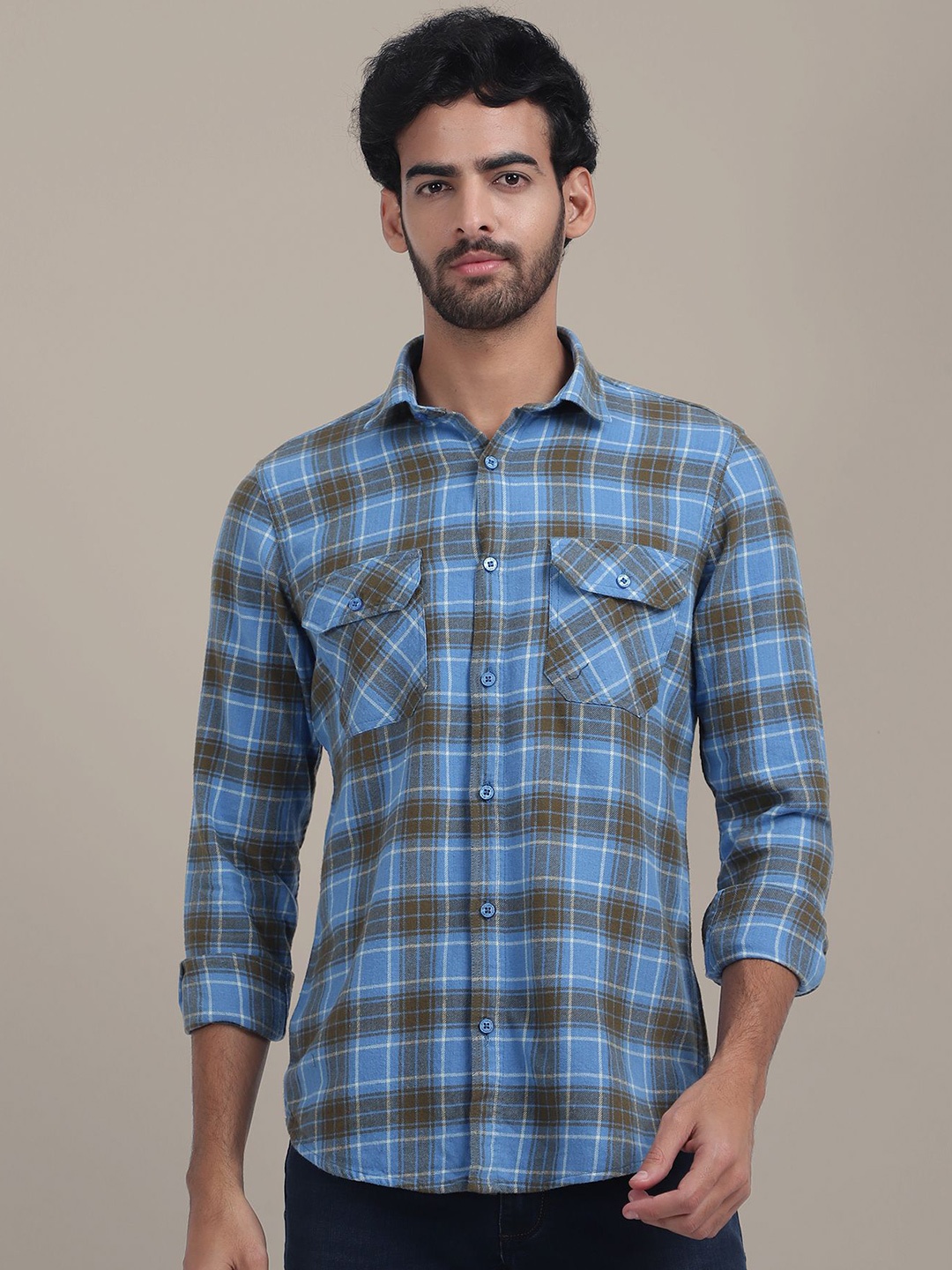 

AMSWAN Men Spread Collar Tartan Checked Cotton Casual Shirt, Blue