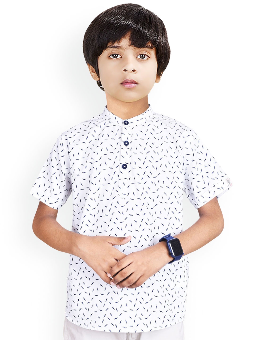

MADE IN THE SHADE Boys Geometric Printed Band Collar Cotton Straight Kurta, White