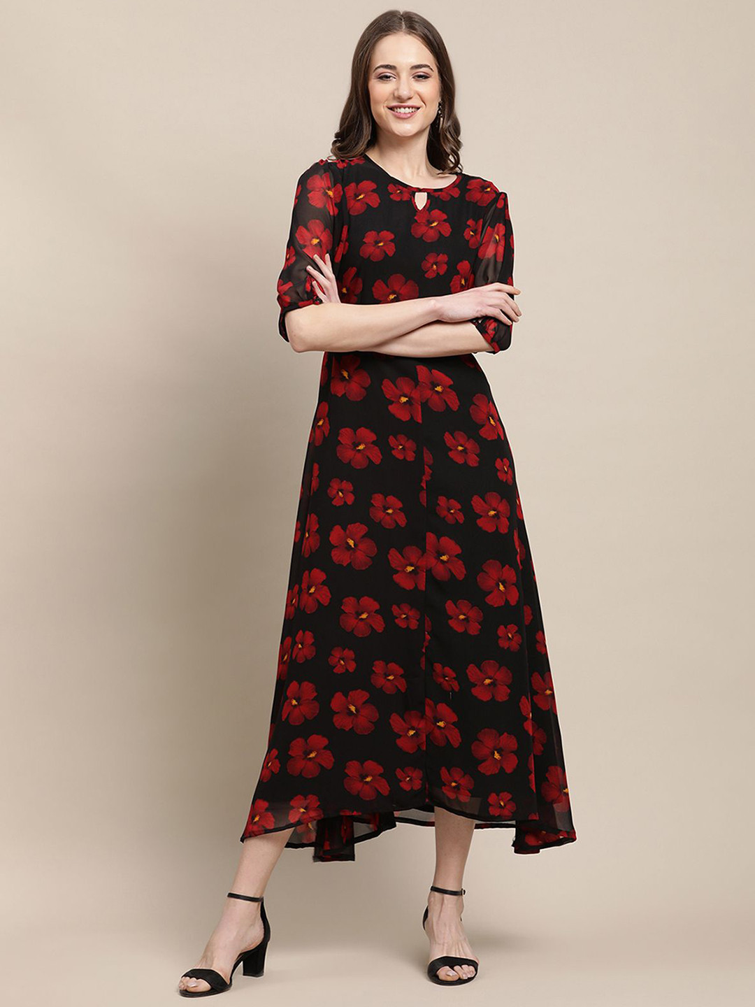 

Metronaut Women Floral Printed Georgette A-Line Midi Dress, Black