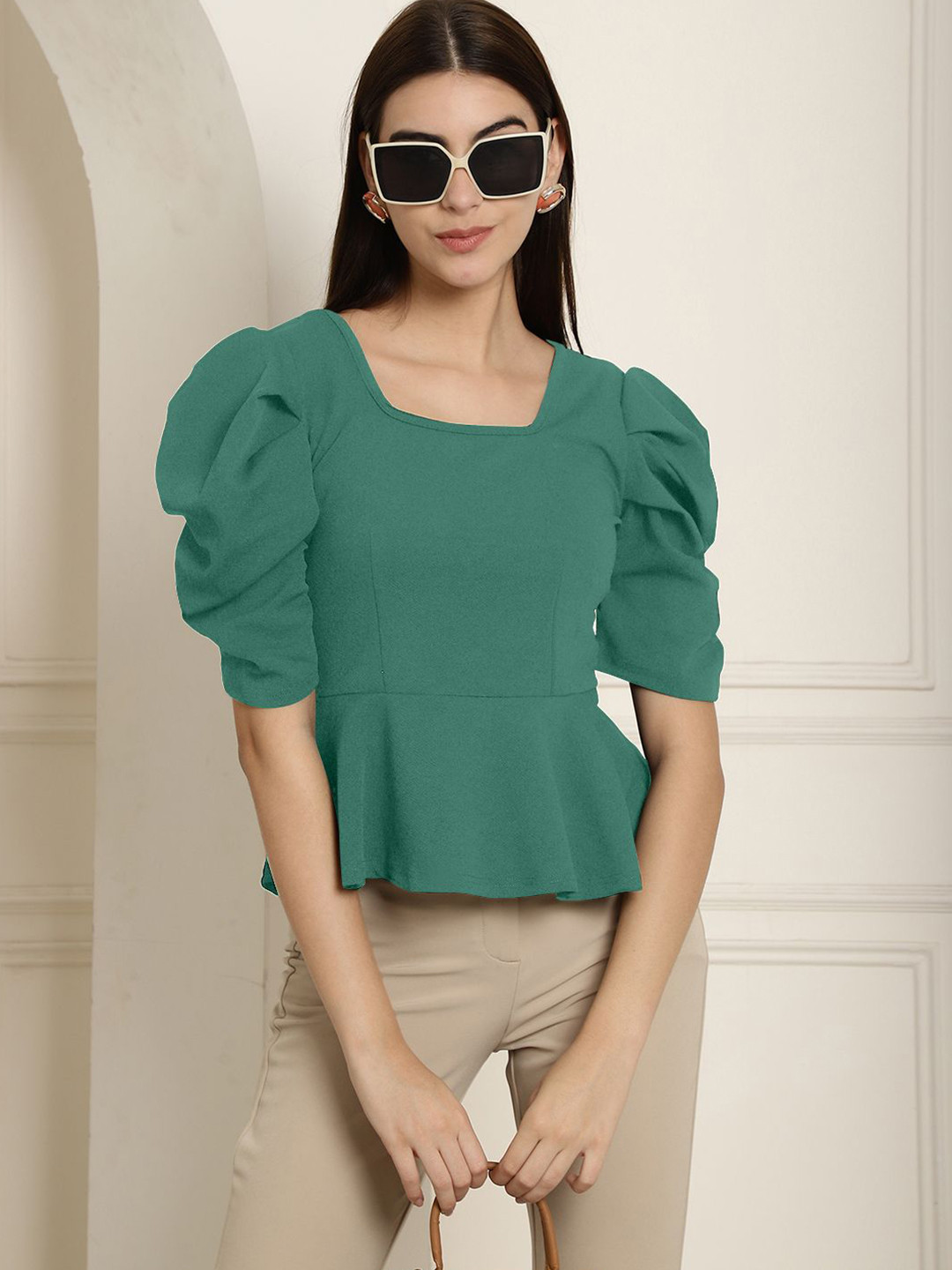 

Tromko Women Solid Square Neck Peplum Top, Green
