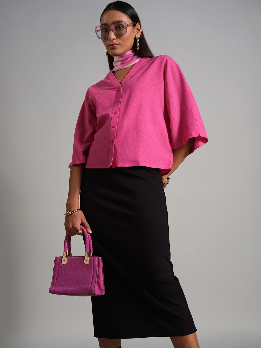 

AND Women Solid V-Neck Shirt Style Top, Pink