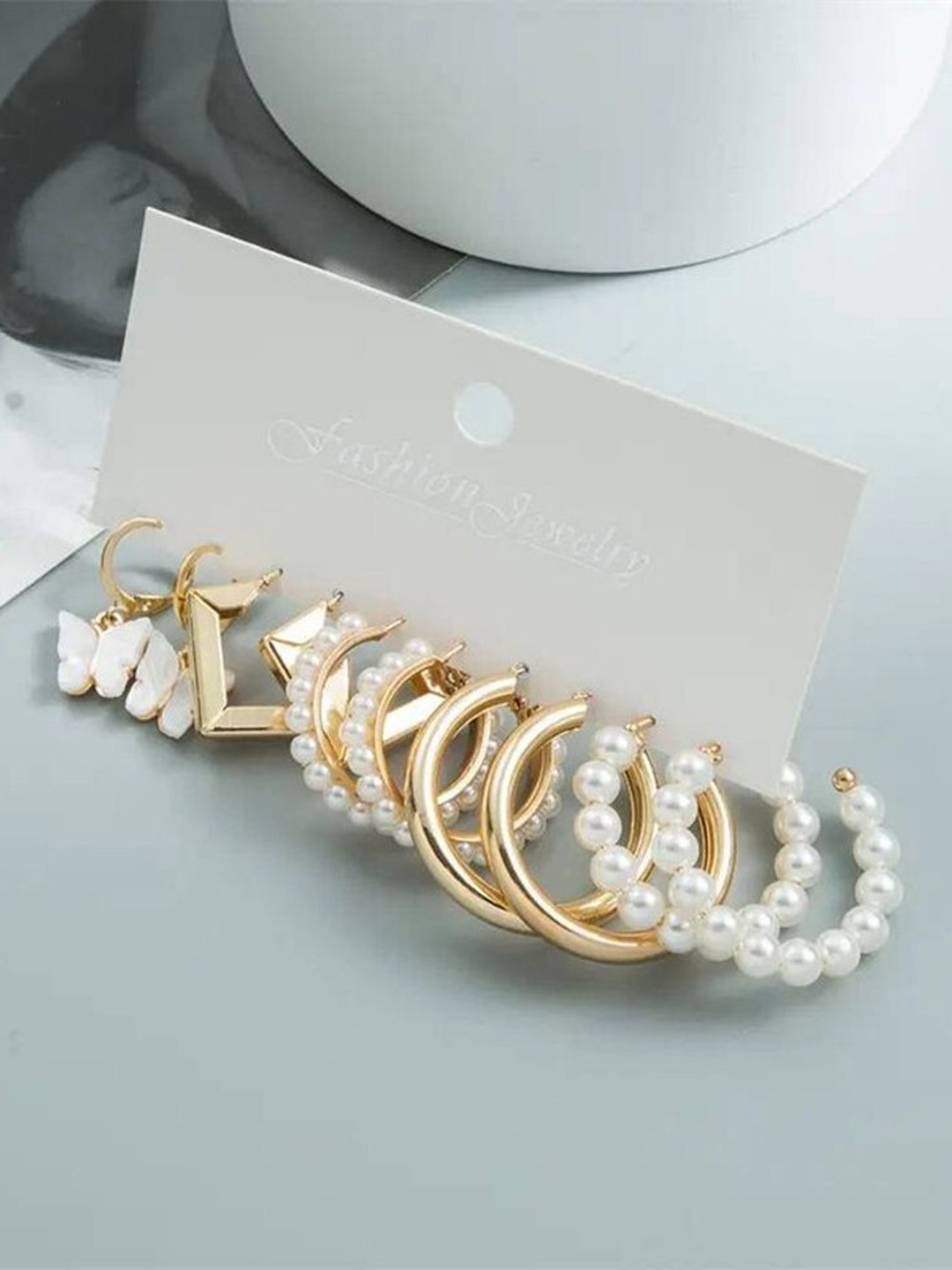 

Celestique Set Of 5 Artificial Beaded Circular Shaped Hoop Earrings, Gold