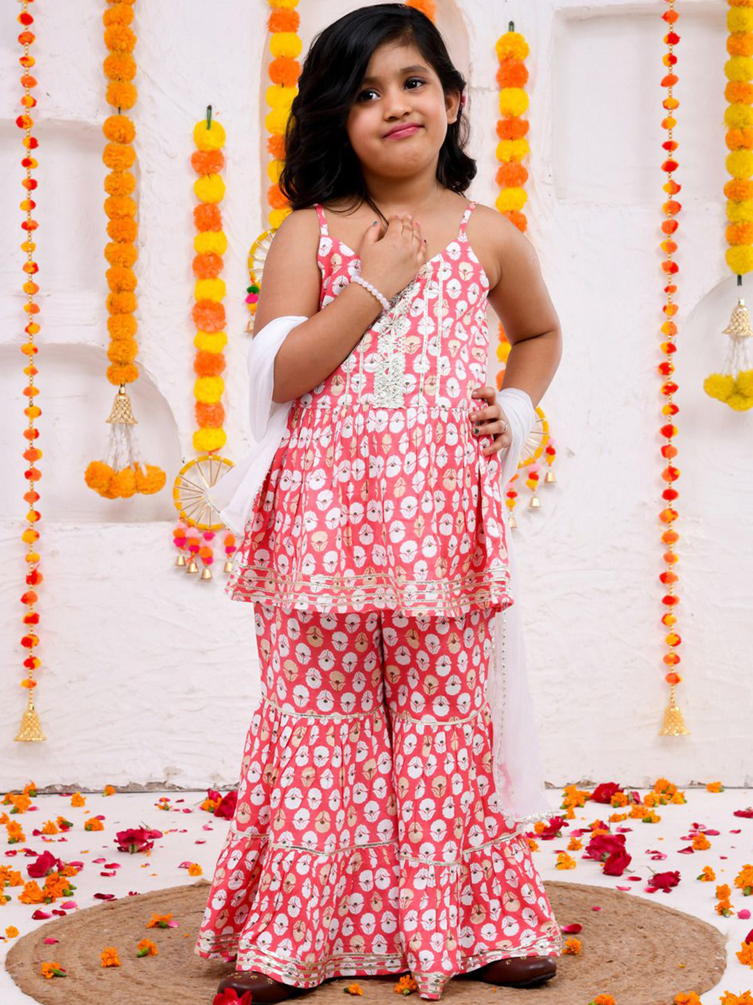 

i love legacy Girls Floral Printed Shoulder Straps Anarkali Kurta With Sharara & Dupatta, Peach