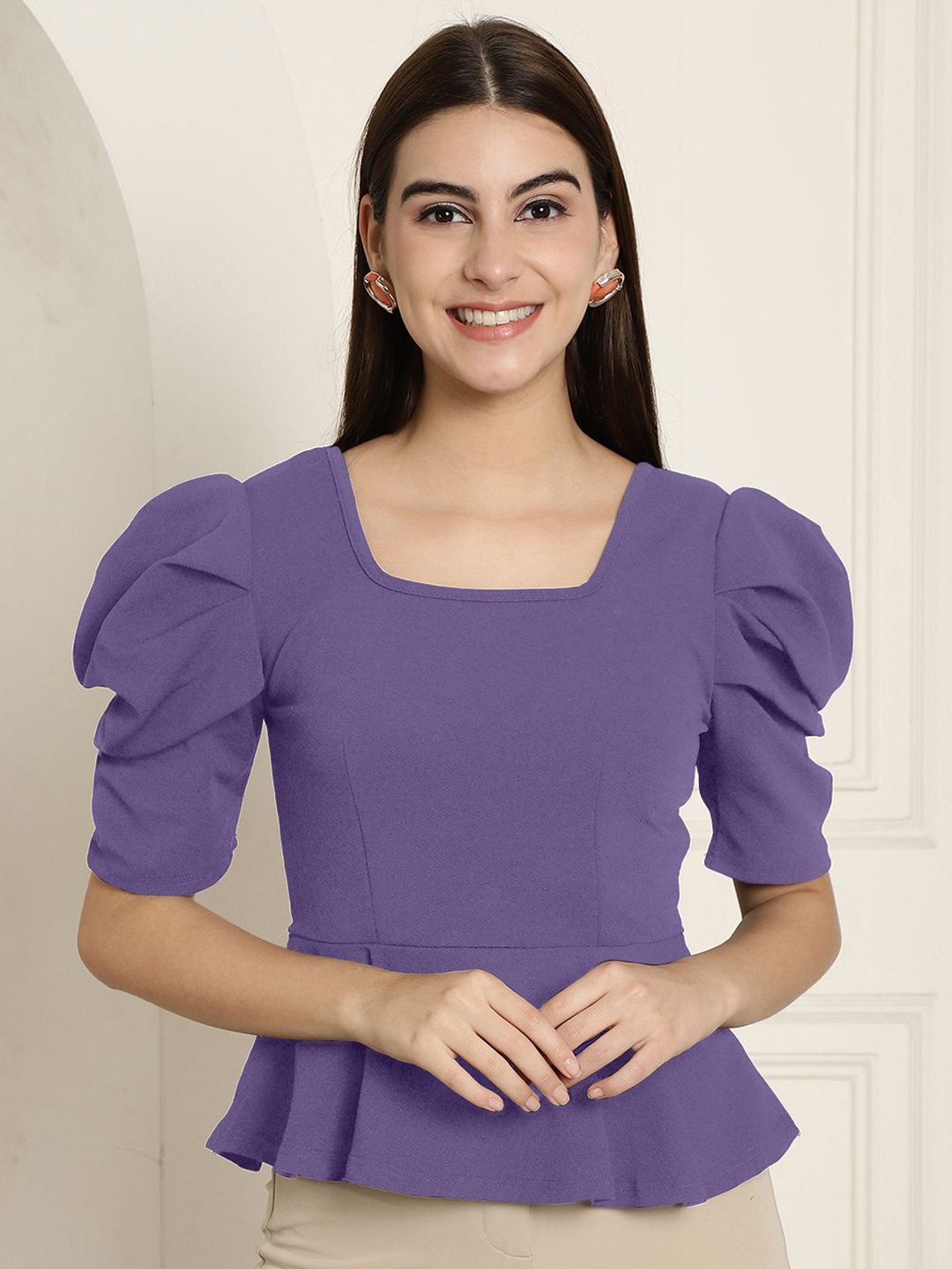 

Tromko Women Solid Square Neck Peplum Top, Purple