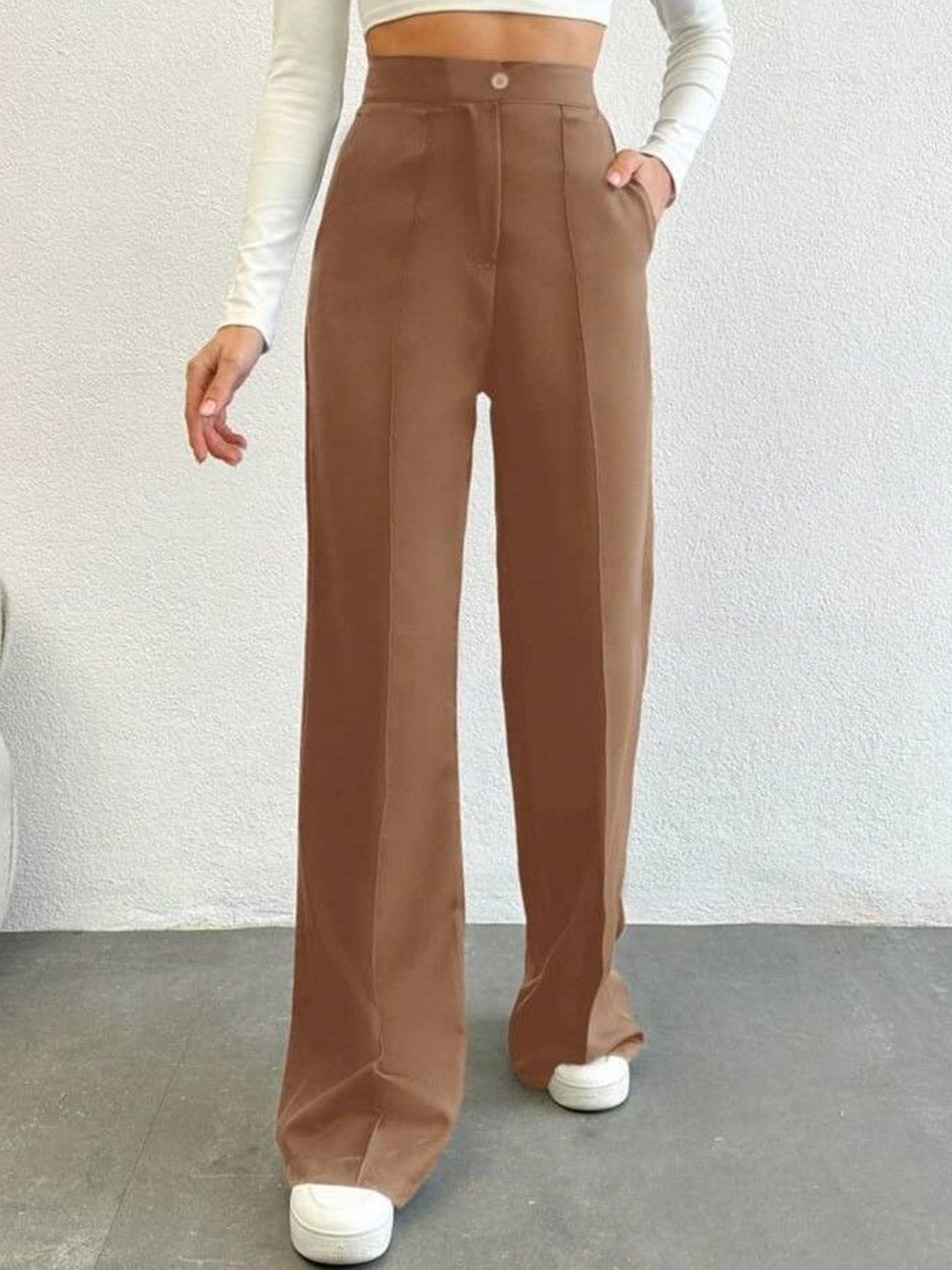 

Next One Women Smart Straight Fit High-Rise Easy Wash Pleated Trousers, Brown