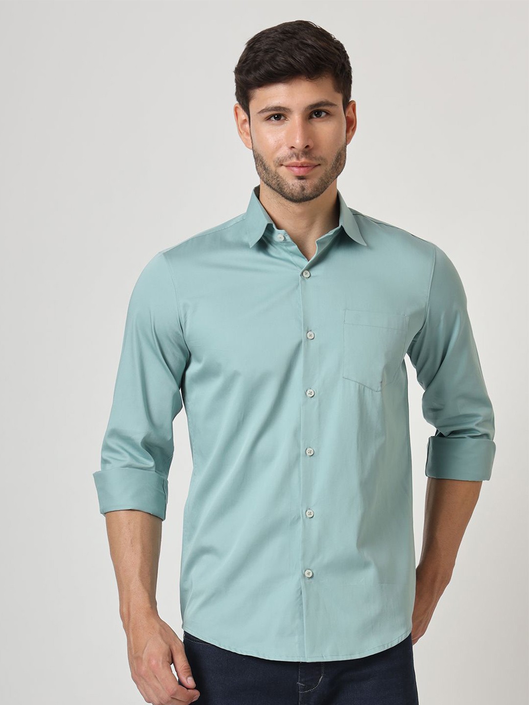 

AMSWAN Men Spread Collar Solid Satin Casual Shirt, Green