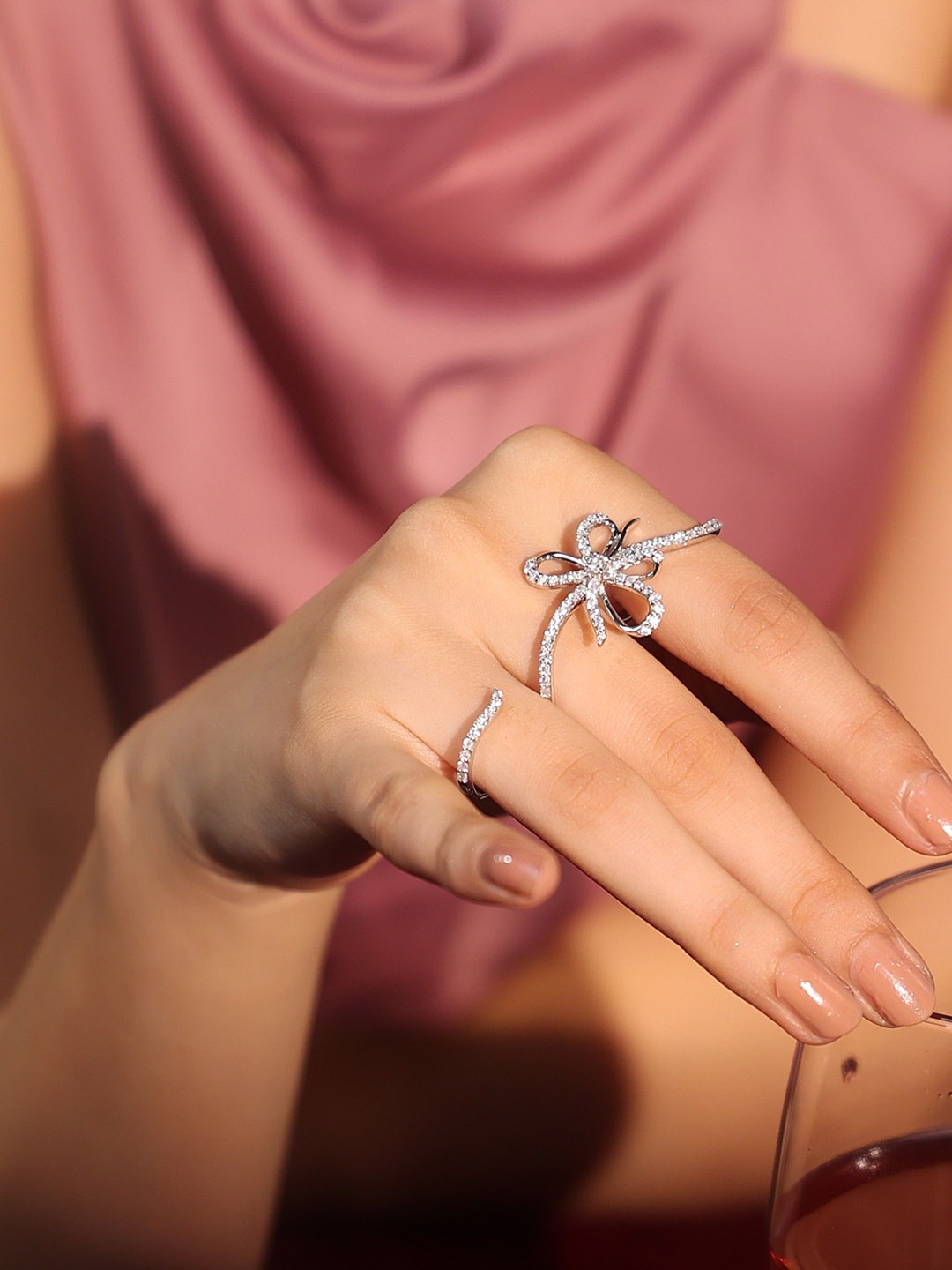 

Kicky And Perky 925 Sterling Silver Rhodium Plated Moissanite studded Finger Ring