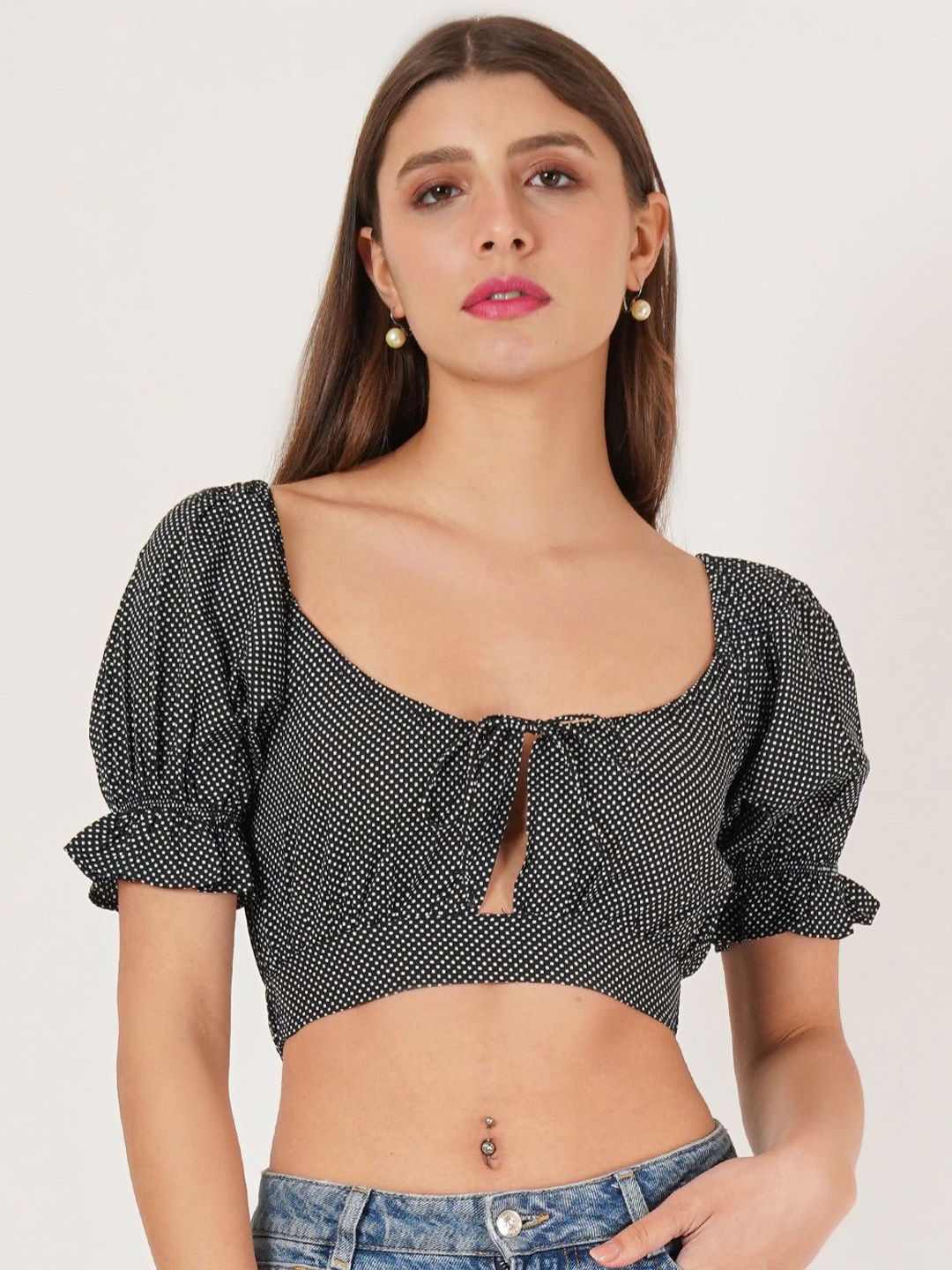 

IX IMPRESSION Women Polka Dots Printed Scoop Neck Blouson Top, Black