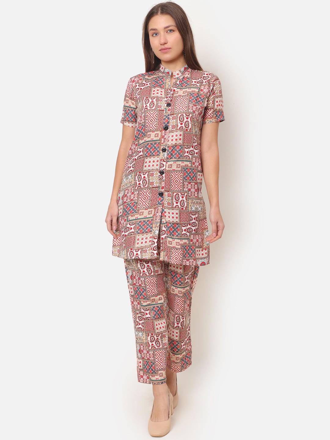 

ROSEMELON Ethnic Motifs Printed Mandarin Collar Tunic With Trouser, White