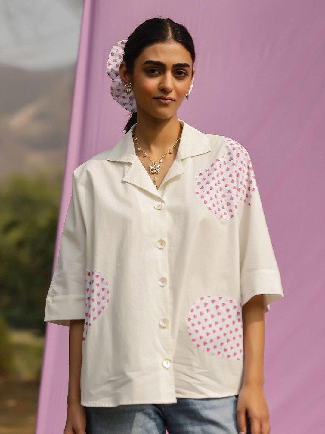 

Gulaal Women Comfort Relaxed Fit Cuban Collar Abstract Printed Cotton Casual Shirt, Off white