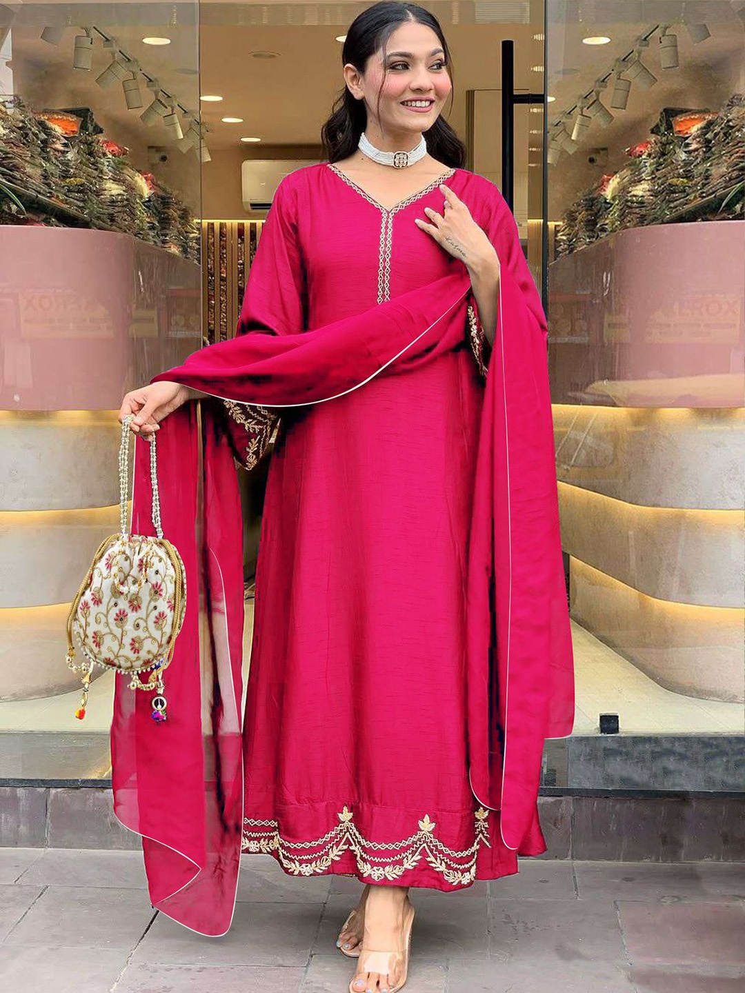 

Anni Designer Floral Gotta Patti Embellished V-Neck Kurta With Trousers & Dupatta, Pink