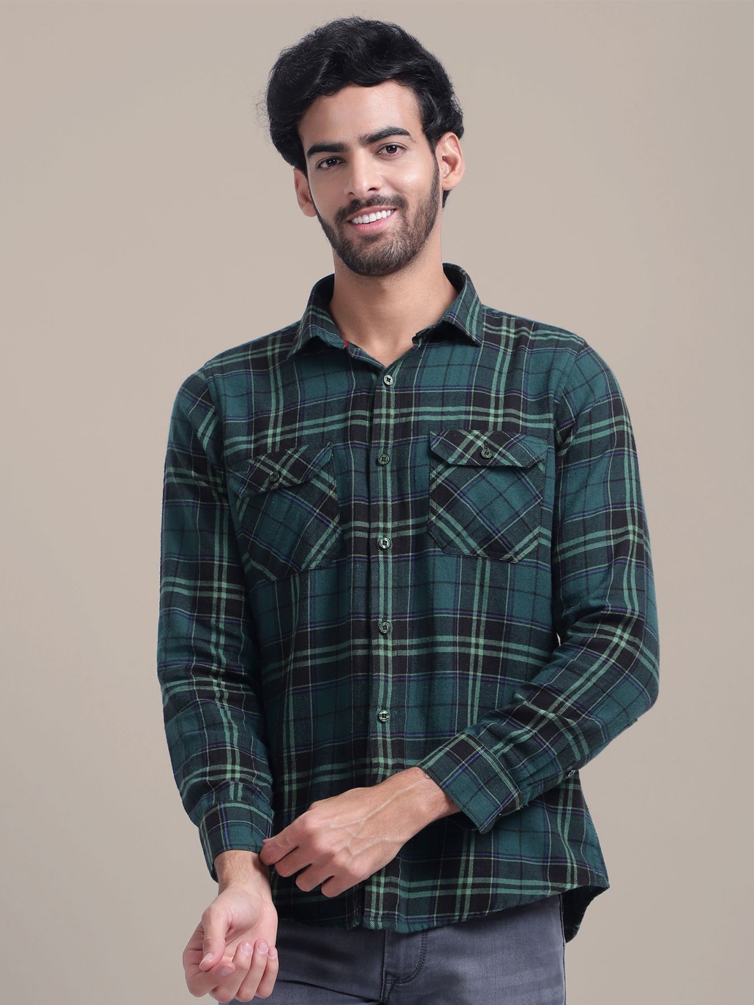 

AMSWAN Men Spread Collar Tartan Checked Cotton Casual Shirt, Green