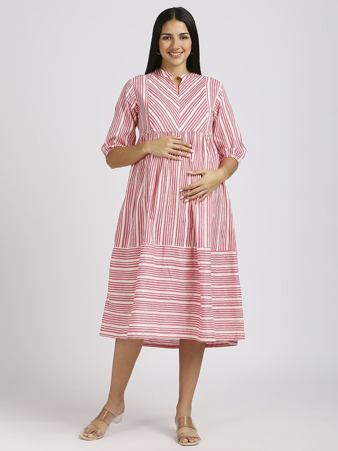 

MeeMee Women Striped Maternity Cotton Fit & Flare Midi Dress, Pink