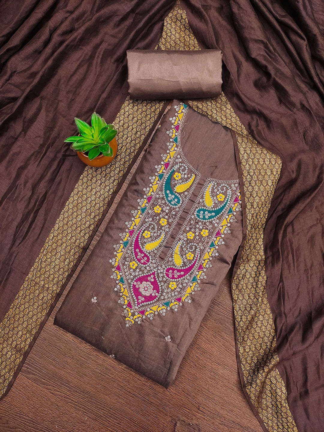 

MANVAA Floral Embroidered Silk Cotton Unstitched Dress Material, Coffee brown