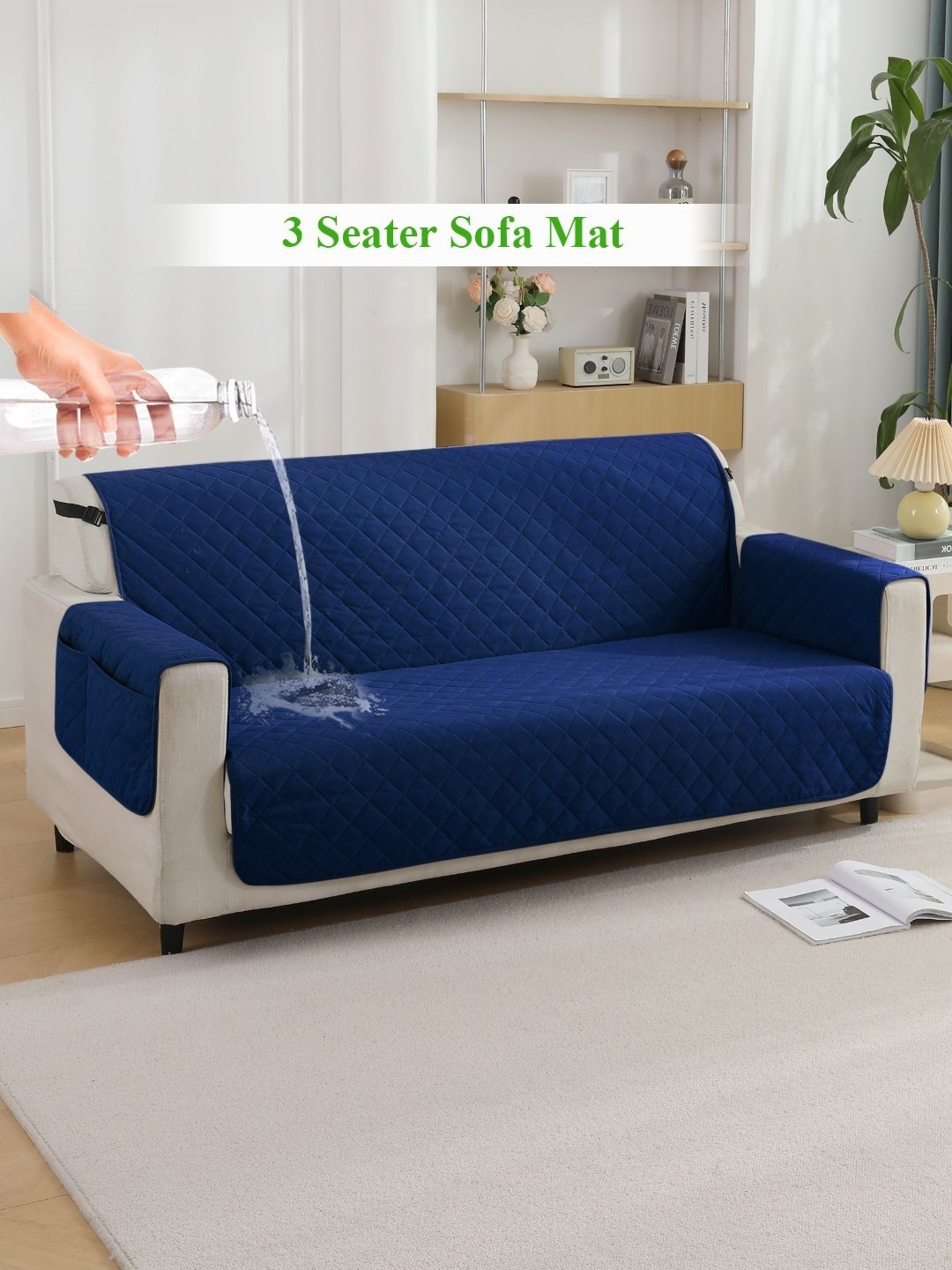 

HOKIPO Navy Blue Quilted Three Seater Sofa Seat Mat With Armrest Covers