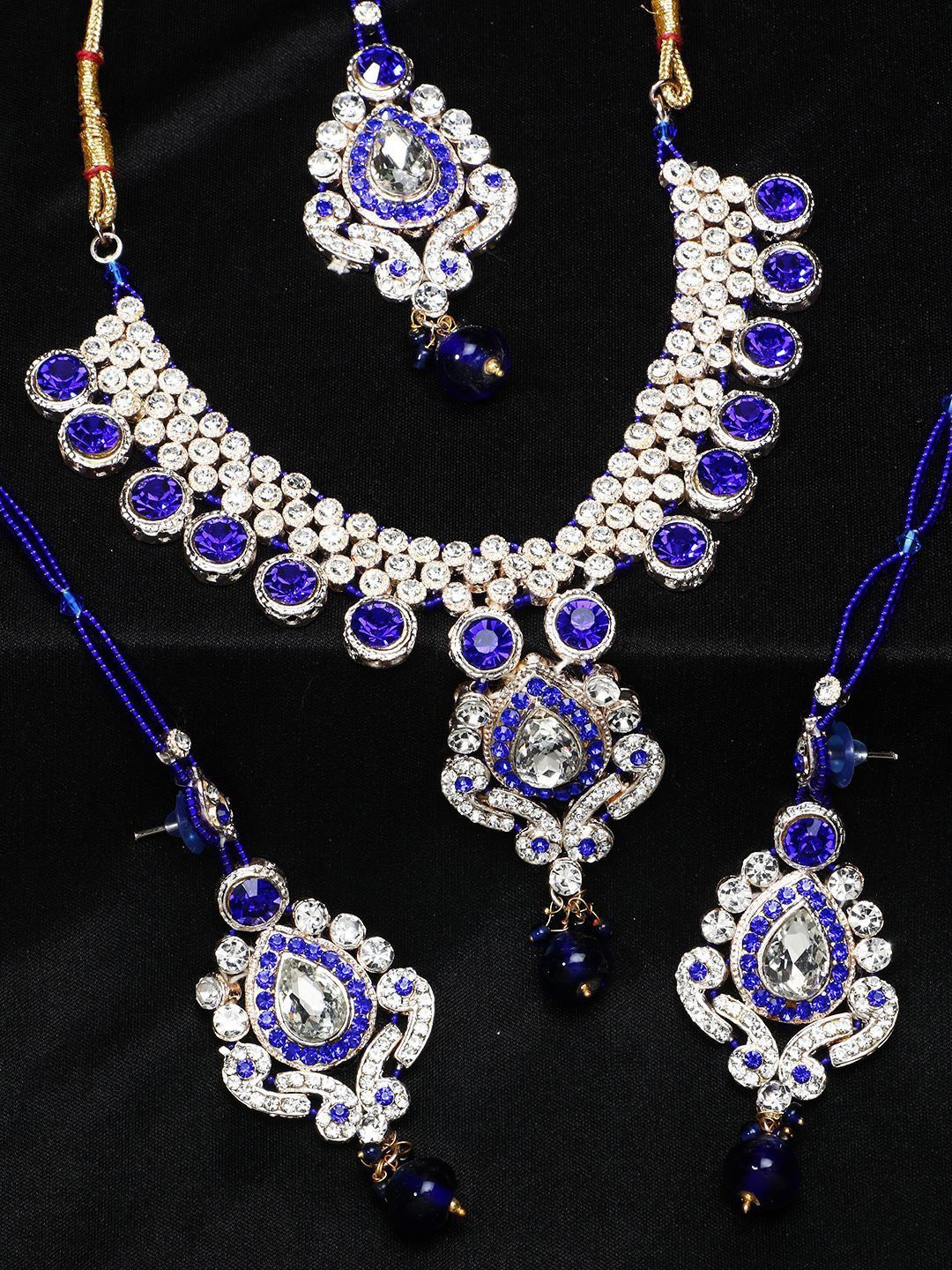 

Anouk Silver Plated Stones Studded & Beaded Necklace With Earrings And Maang Tikka