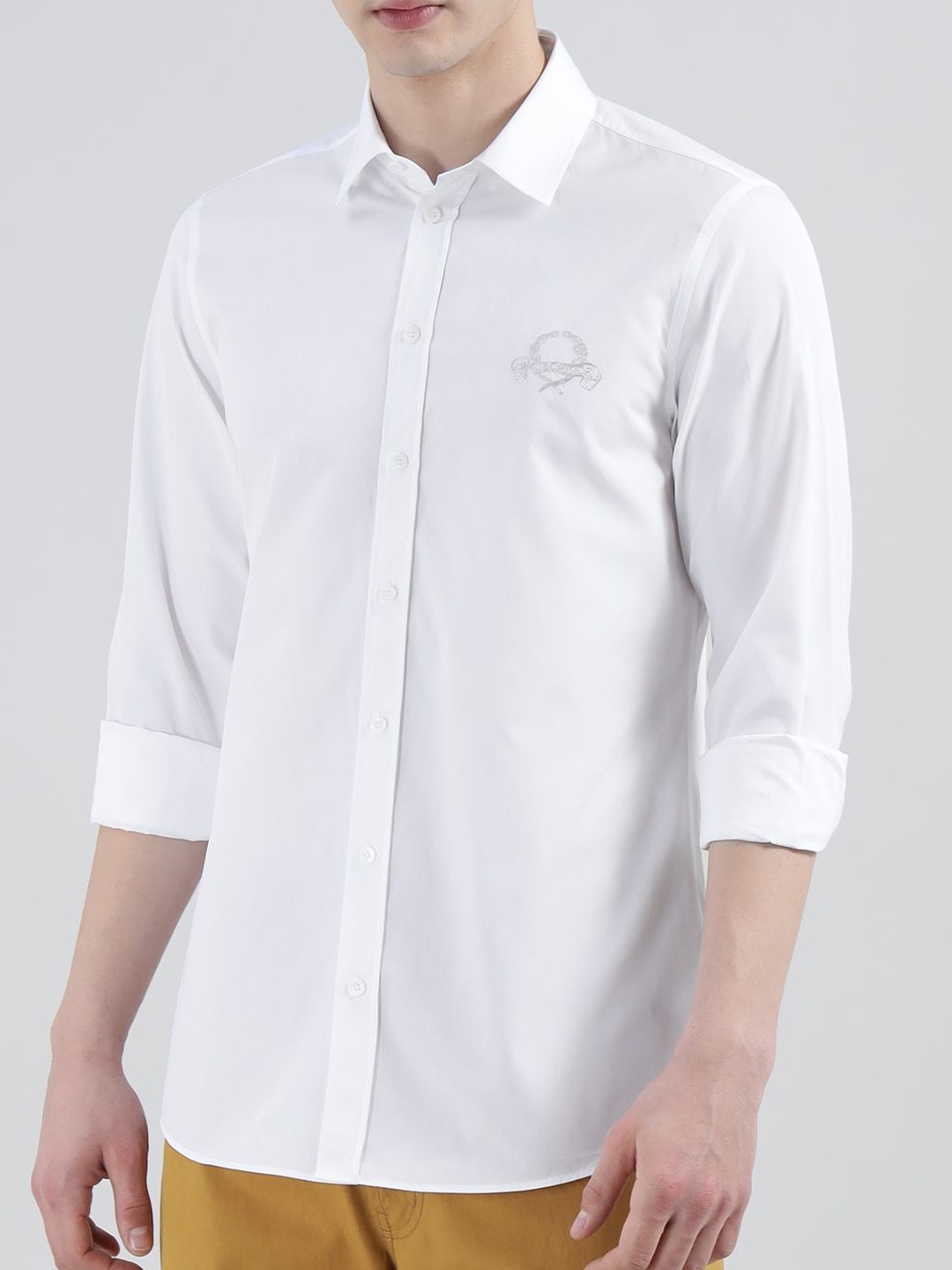 

MOSCHINO COUTURE Men Spread Collar Solid Cotton Casual Shirt, White
