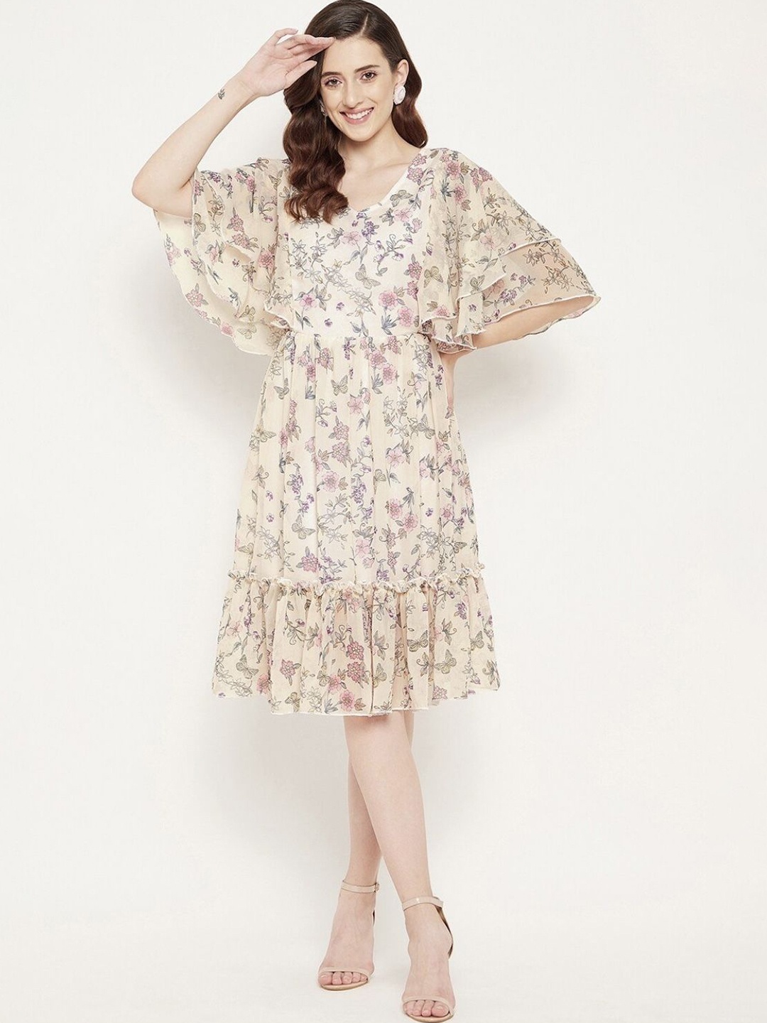 

Louis Bayrad Floral Print Flared Sleeves Flounce Hem Fit & Flare Dress, Off white