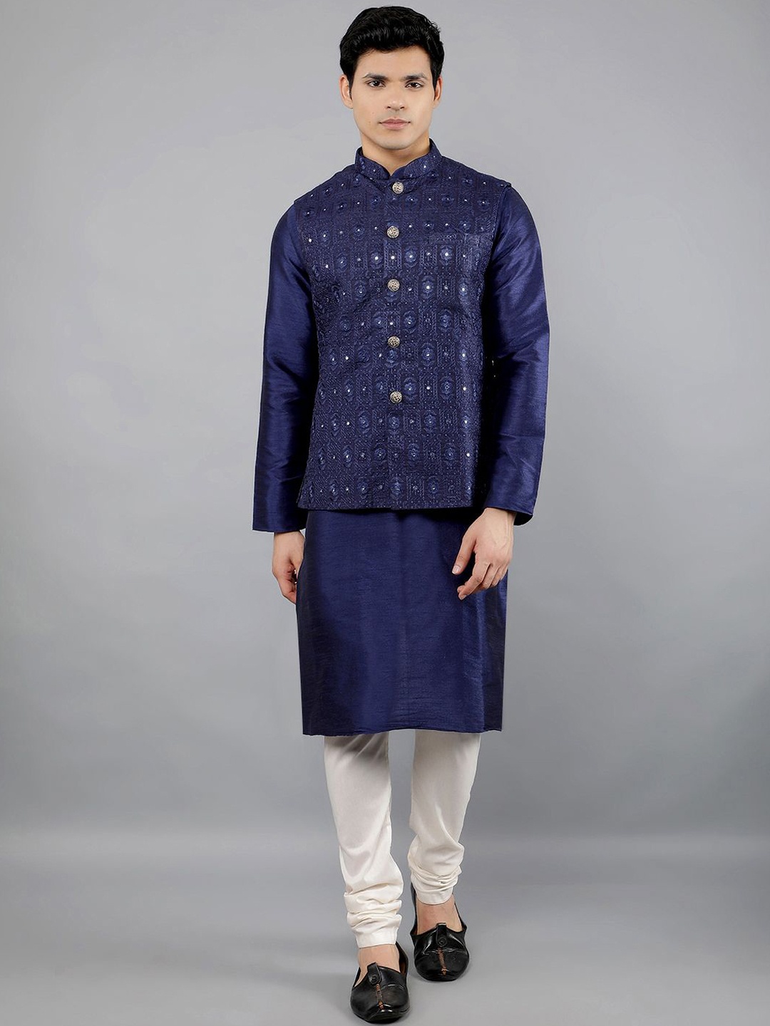 

Manish Creations Woven Design Mandarin Collar Straight Kurta with Churidar & Nehru jacket, Navy blue