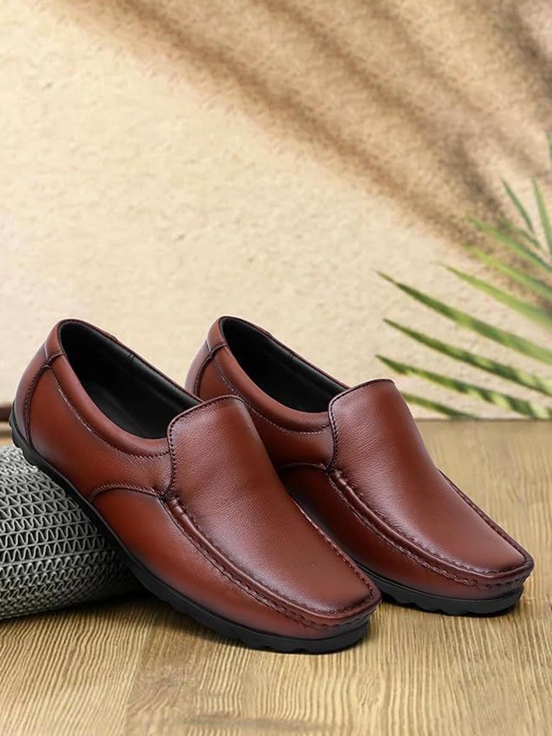 

ARAMISH Men Perforations Slip-On Lightweight Leather Loafers, Tan
