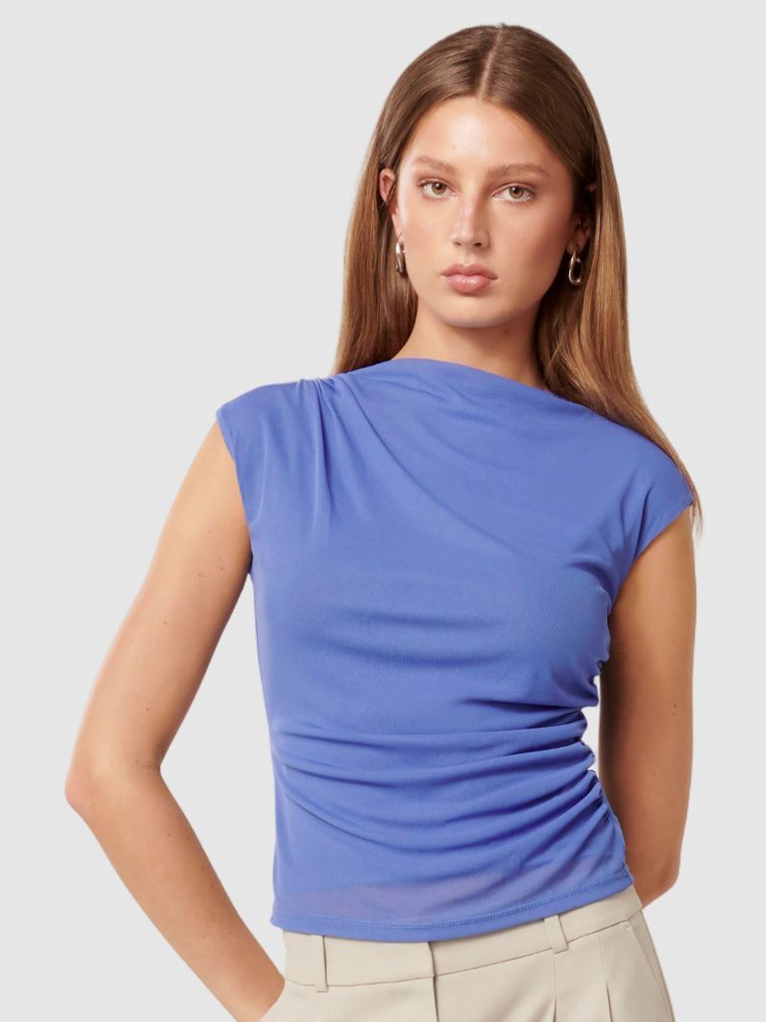 

Forever New Women Solid High Neck Top, Blue