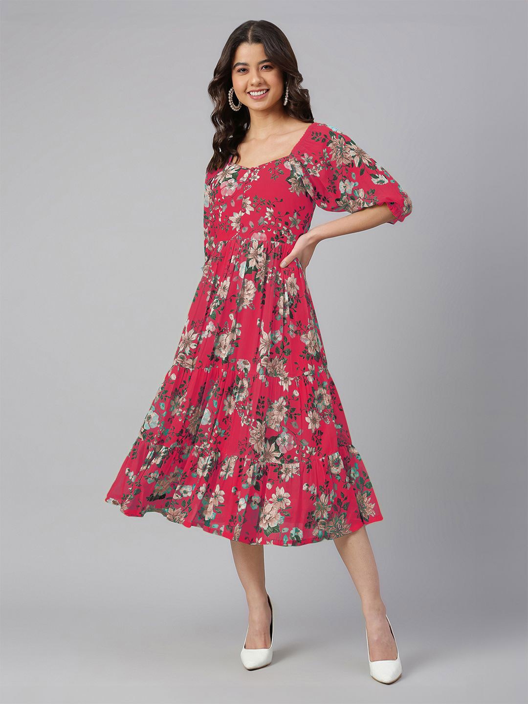 

Janasya Women's Pink Georgette Floral Printed Tiered Dress