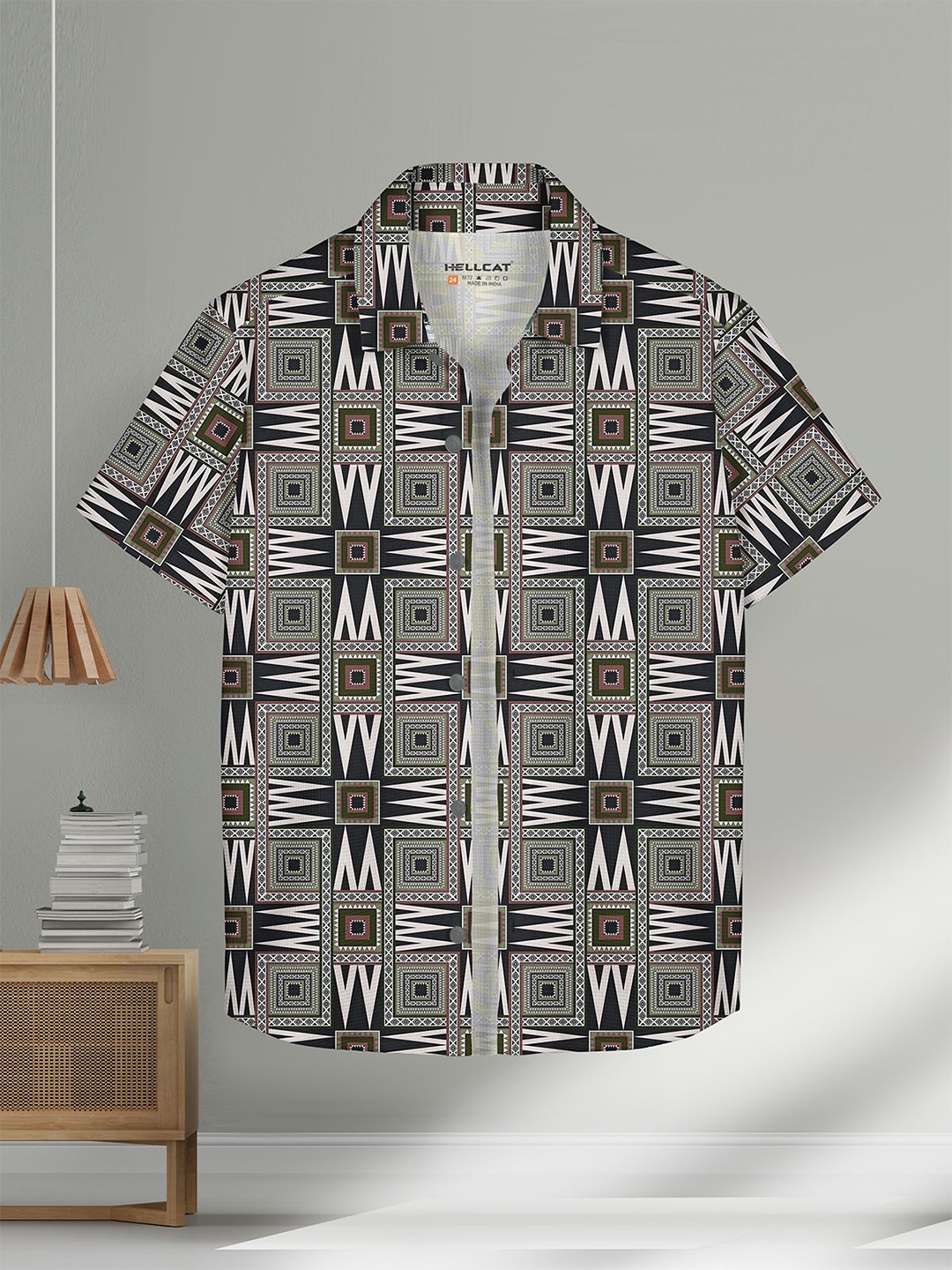 

HELLCAT Boys Spread Collar Geometric Printed Cotton Casual Shirt, Black