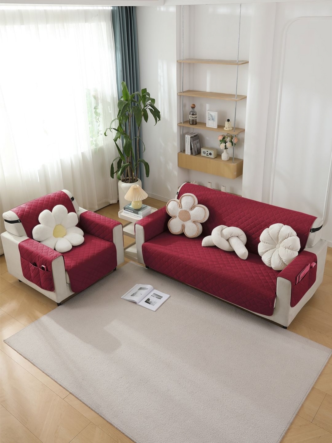 

HOKIPO Maroon Checked Waterproof 3 Seater Sofa Covers With Arms