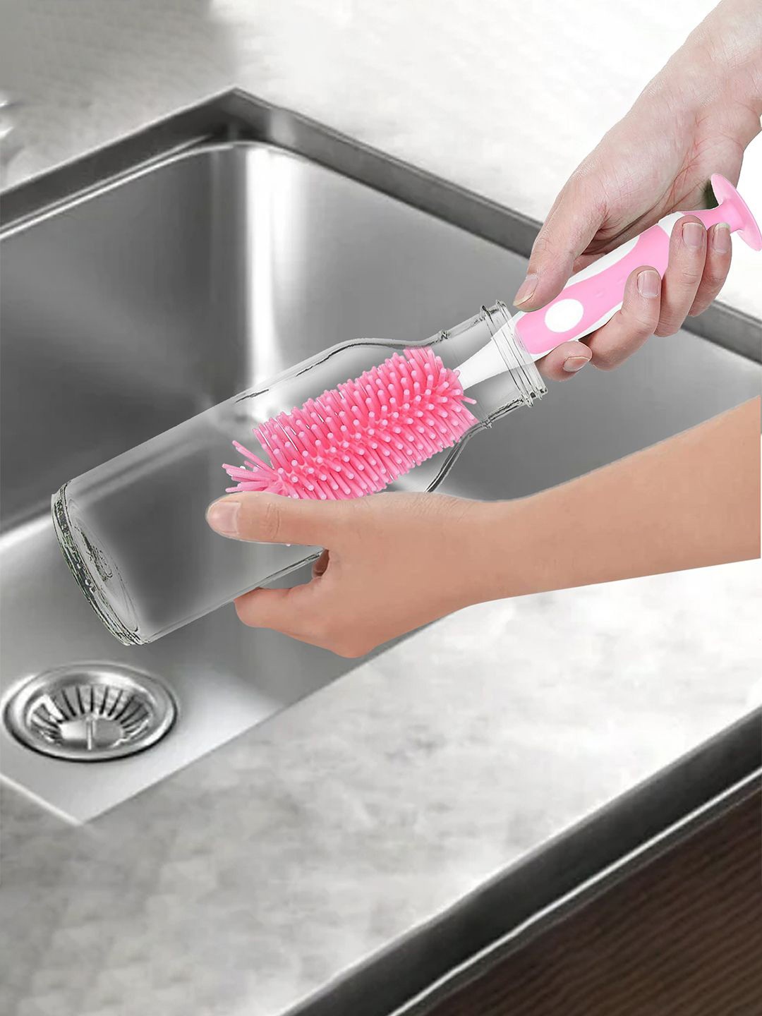 

Kuber Industries Pink & White Silicone Detachable Bottle Cleaning Brush