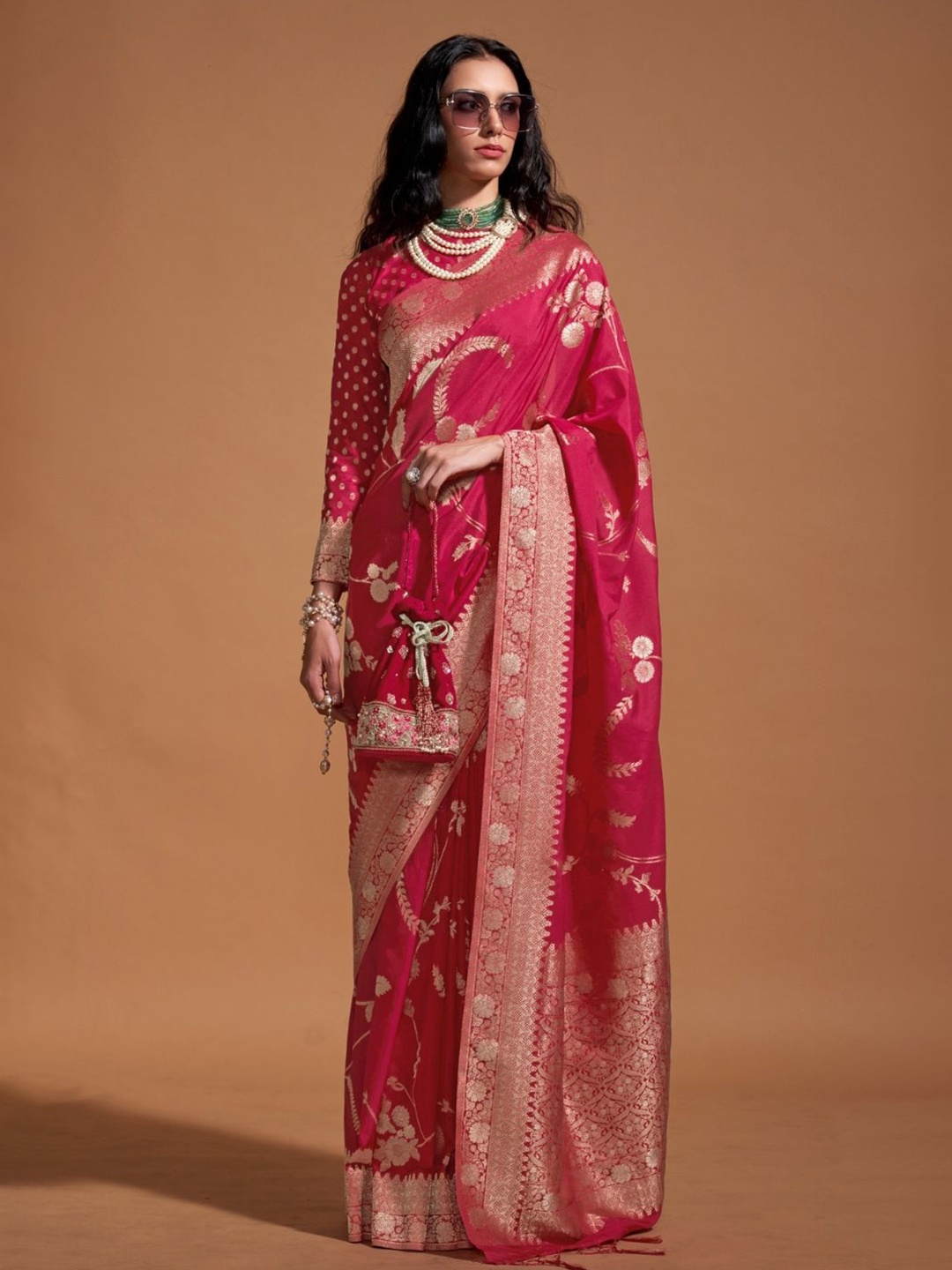 

PEENGAX Woven Design Embroidered Pure Georgette Pant Banarasi Saree, Pink