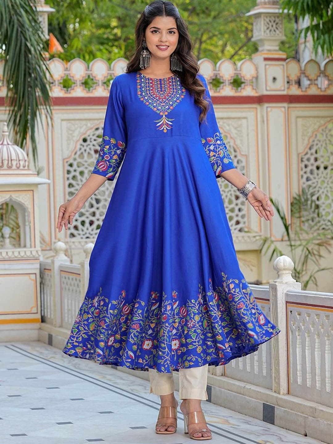

KALINI Floral Printed Round Neck Anarkali Kurta, Blue
