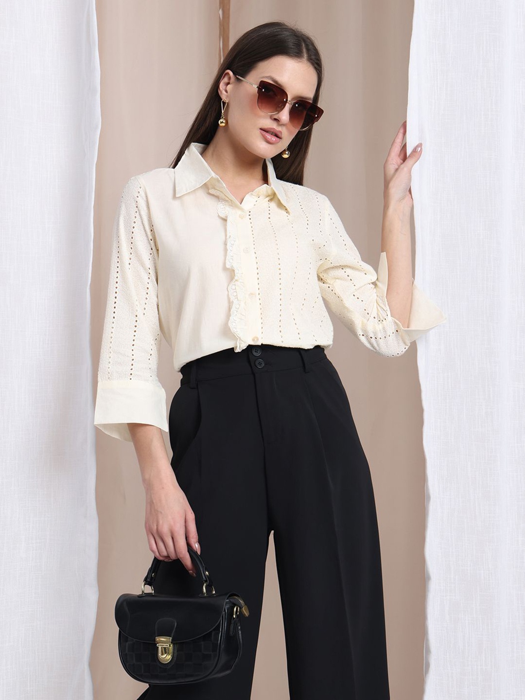 

DRESOUL Women Spread Collar Solid Cotton Casual Shirt, Off white