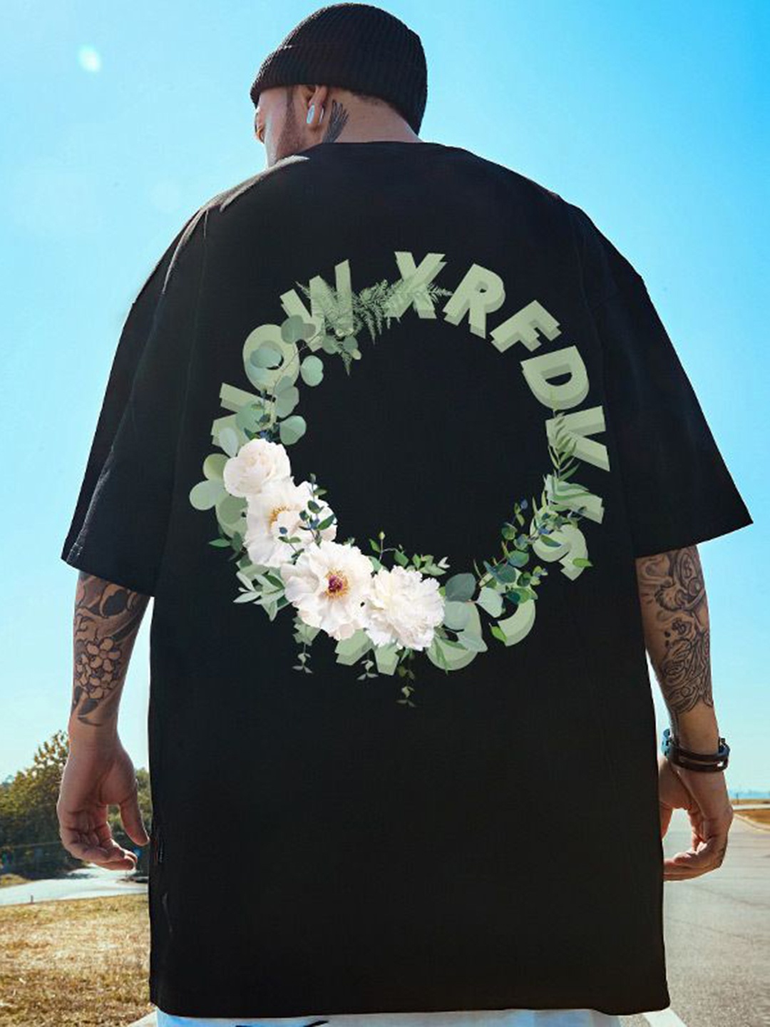 

HERE&NOW Men Typography Printed Round Neck Oversized T-shirt, Black