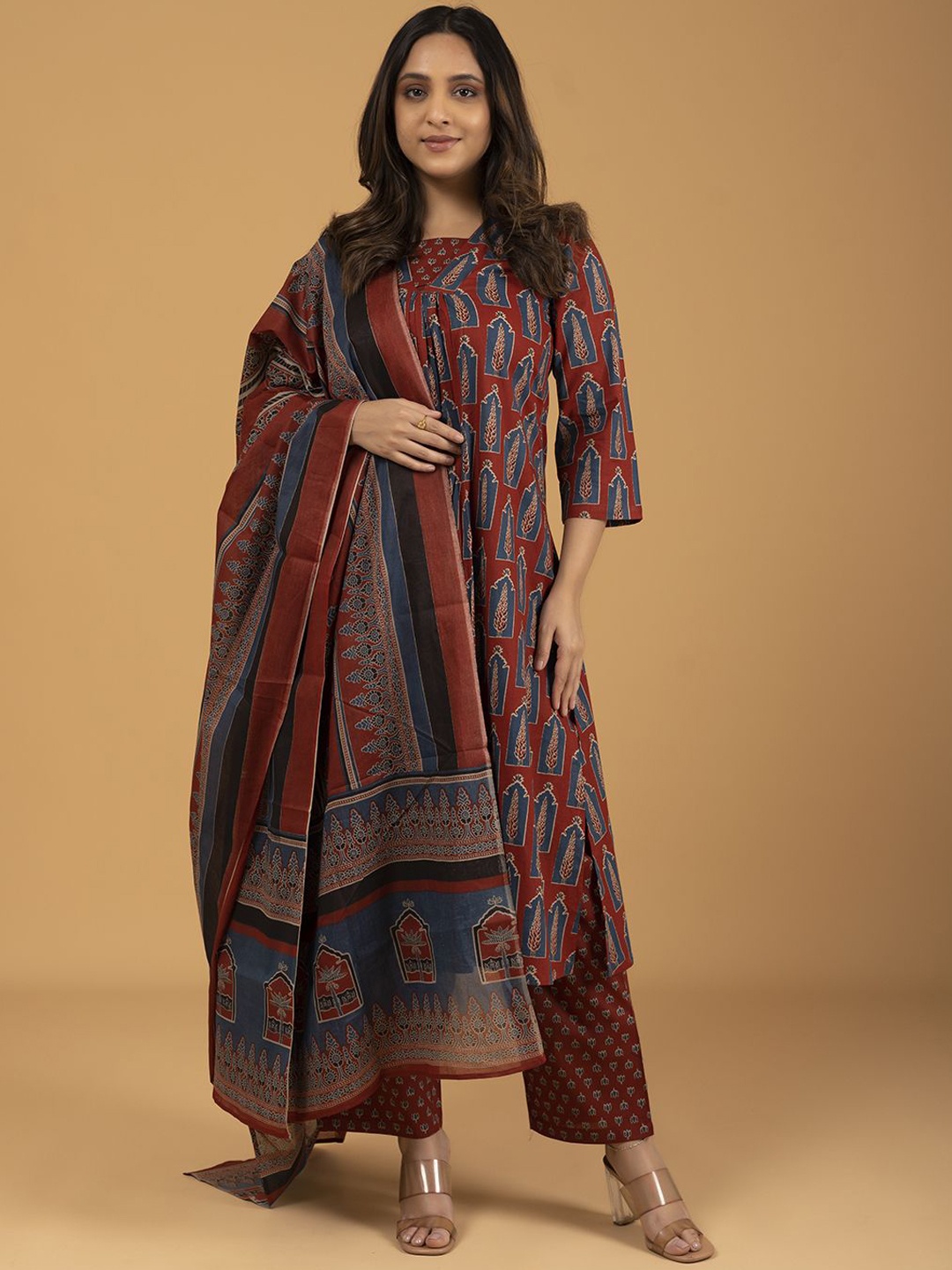 

SPARSA Ethnic Motifs Printed Square Neck Pure Cotton A-Line Kurta With Trousers & Dupatta, Maroon