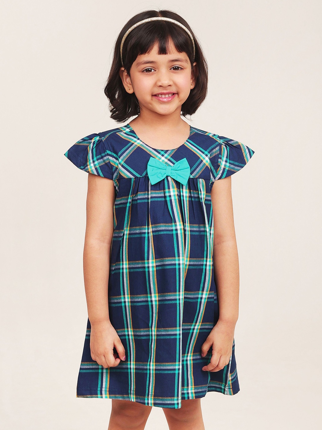 

Campana Girls Checked Short Sleeves Cotton Knee Length A-Line Dress, Navy blue