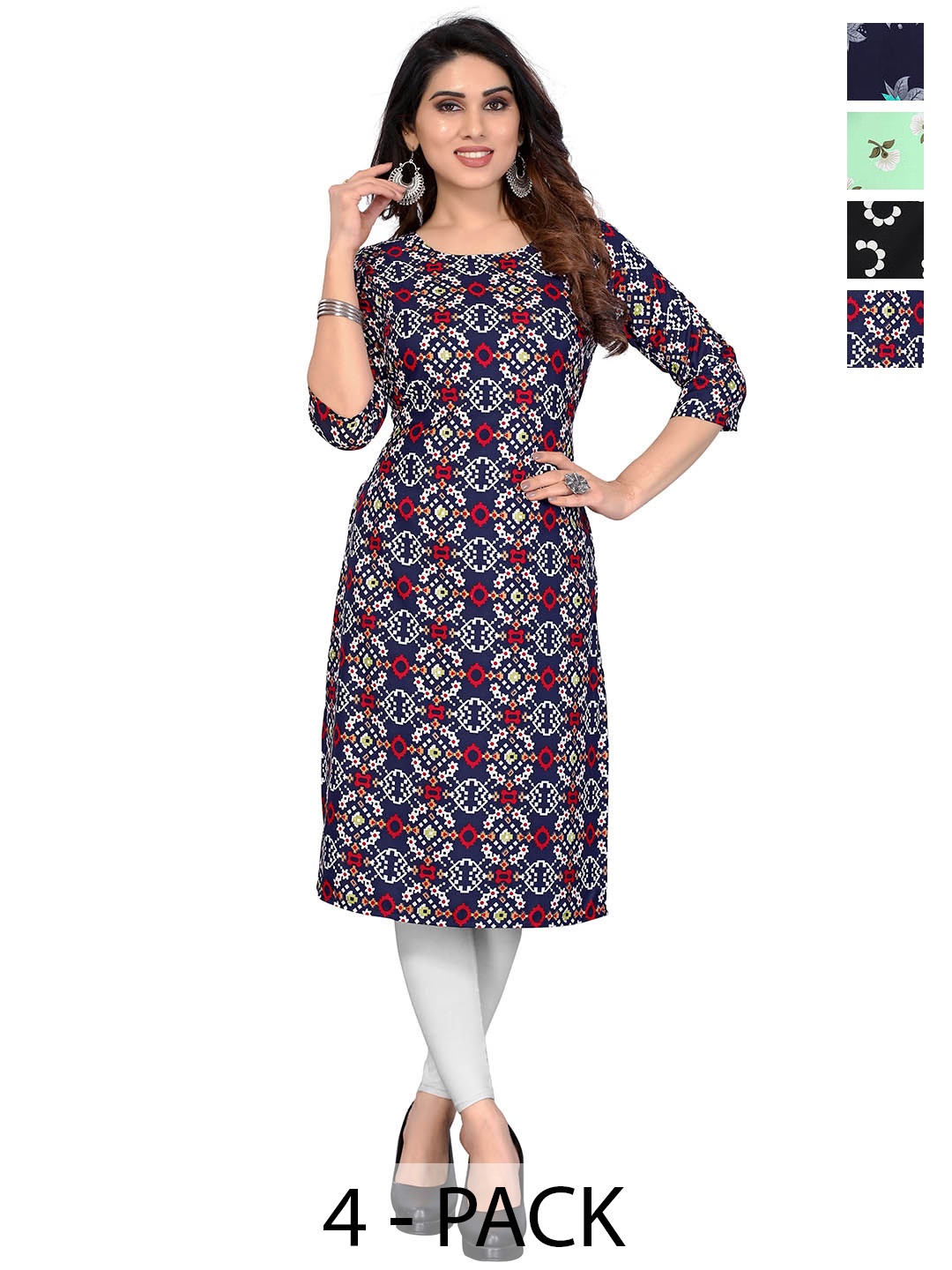 

KETAKI FASHION Selection Of 4 Geometric Printed Round Neck Straight Kurtas, Navy blue