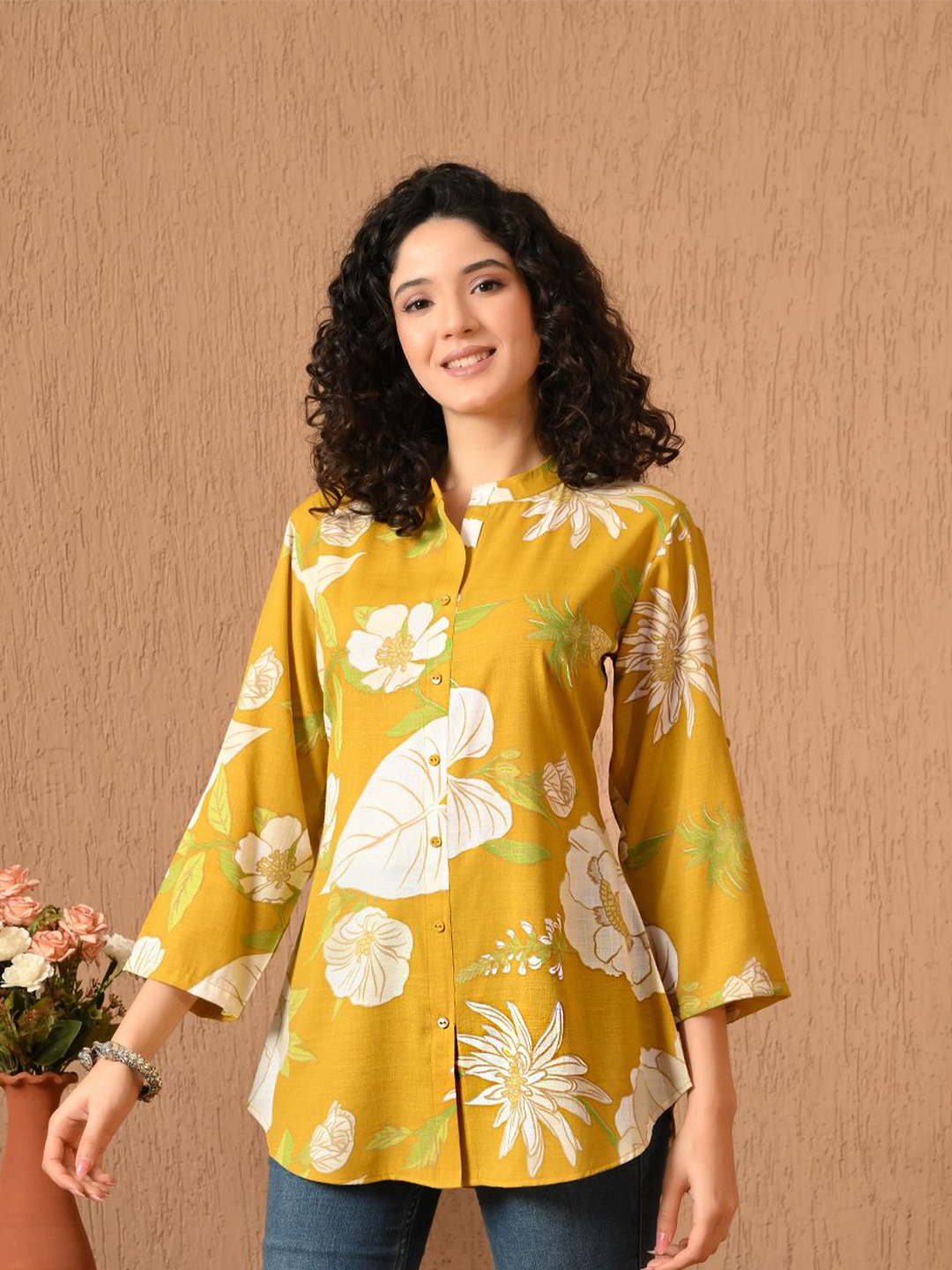 

MEESAN Mandarin Collar Printed Tunic, Yellow