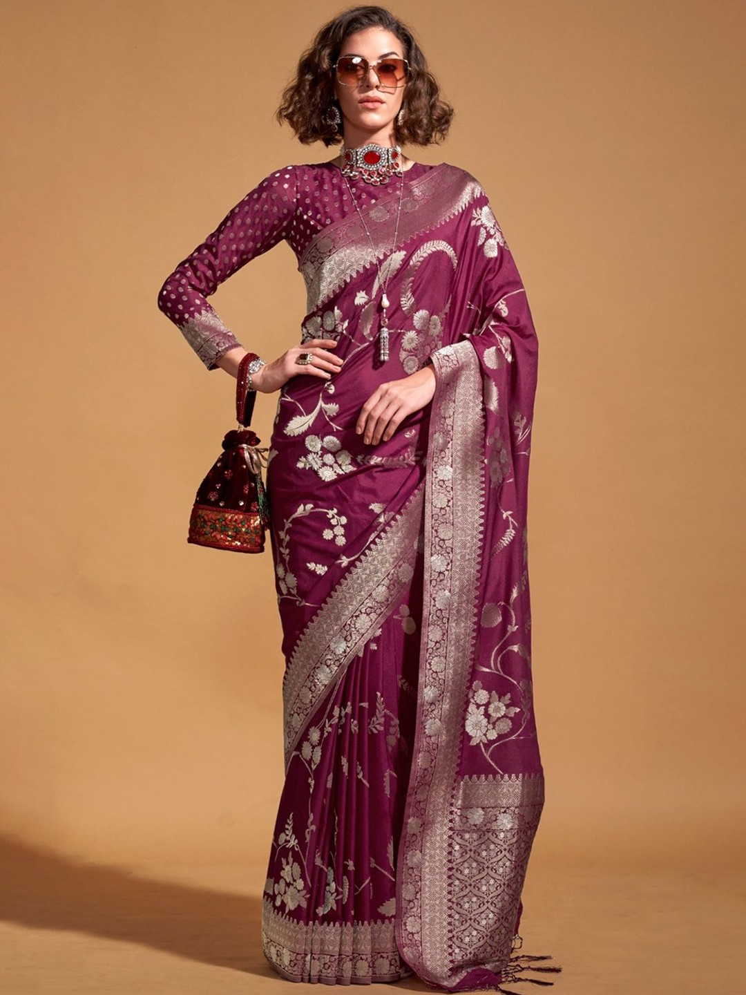 

PEENGAX Woven Design Zari Pure Georgette Banarasi Saree, Purple
