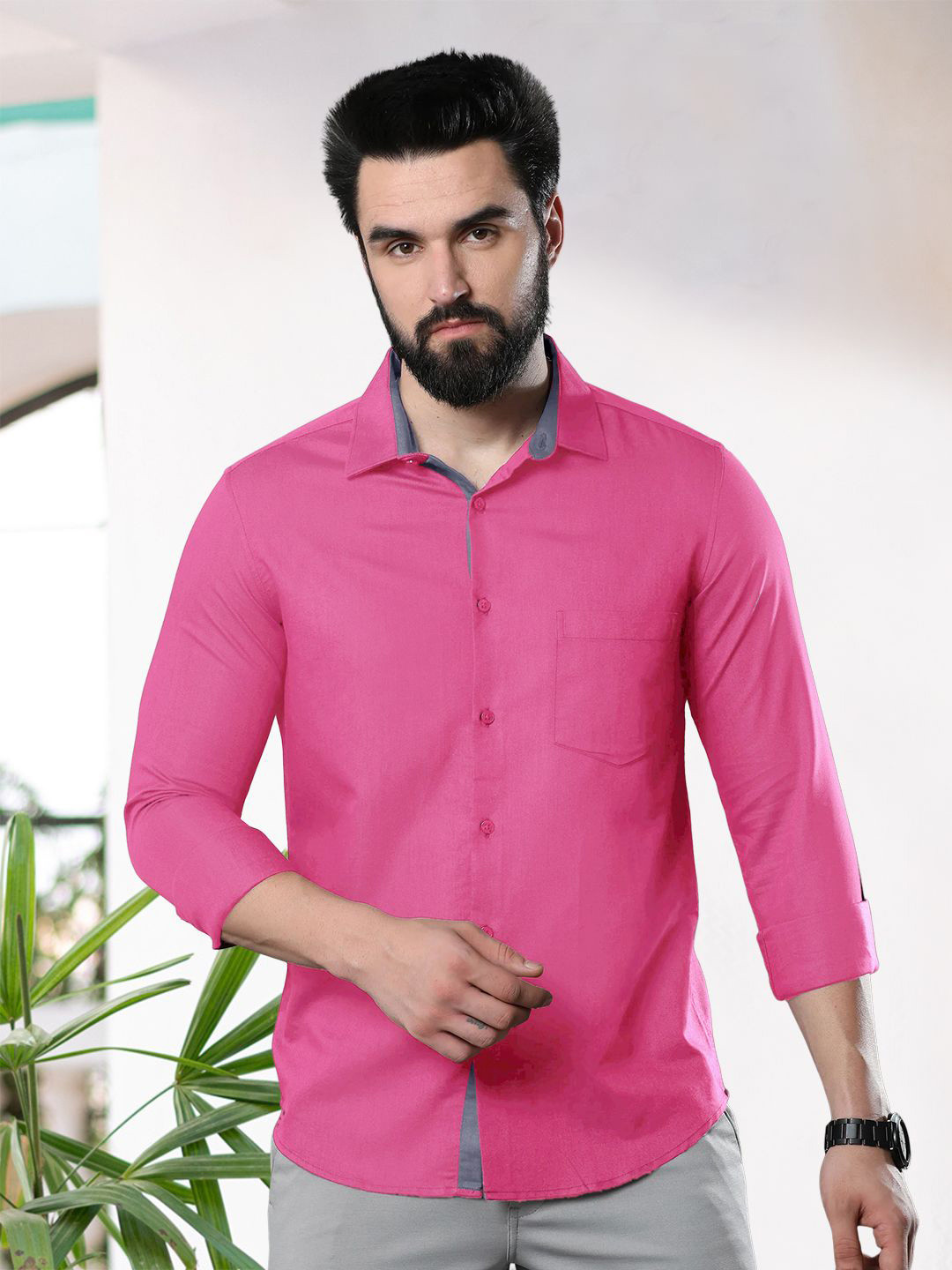 

Moda Rapido Men Standard Fit Spread Collar Solid Cotton Casual Shirt, Pink