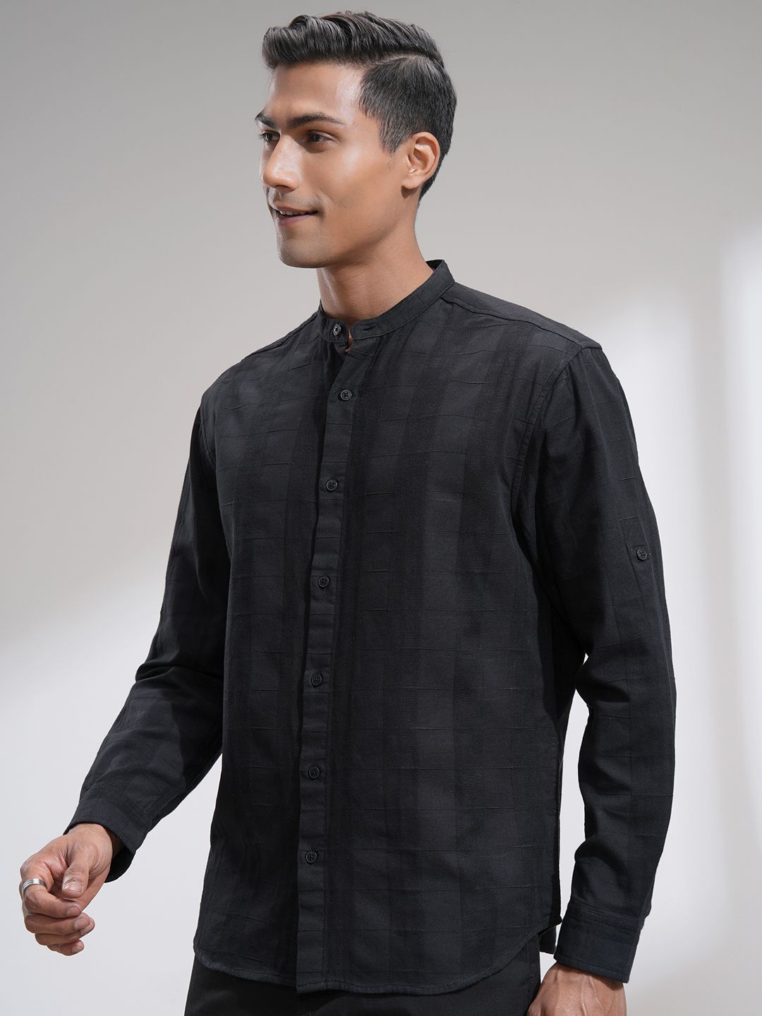 

HIGHLANDER Men Relaxed Fit Band Collar Textured Cotton Casual Shirt, Black