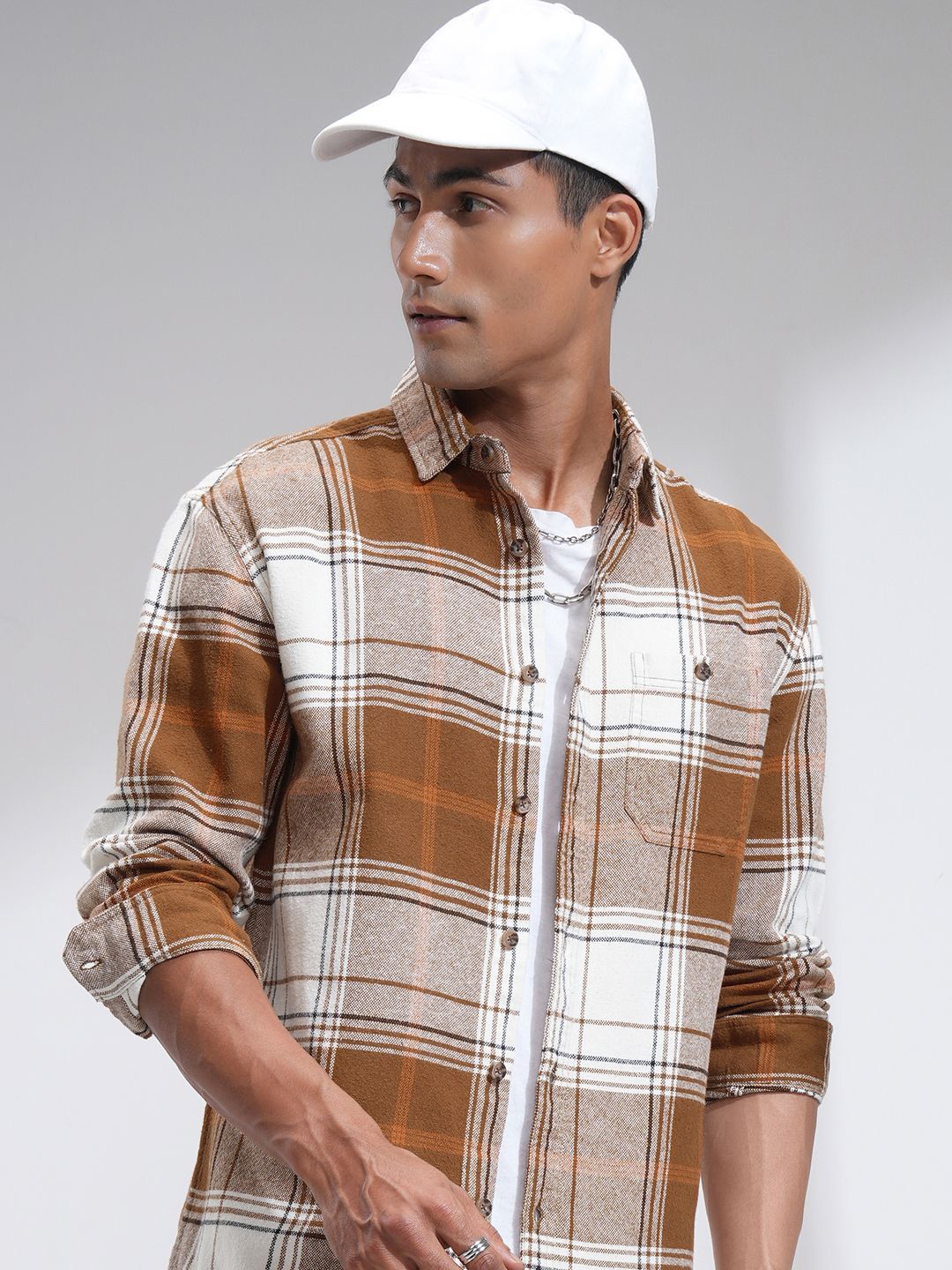 

HIGHLANDER Men Flannel Oxford Textured Checked Relaxed Overshirt, Rust