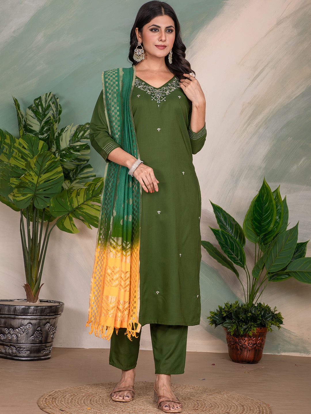 

SANJANA SILK Floral Embroidered V-Neck Thread Work Straight Kurta With Trousers & Dupatta, Green