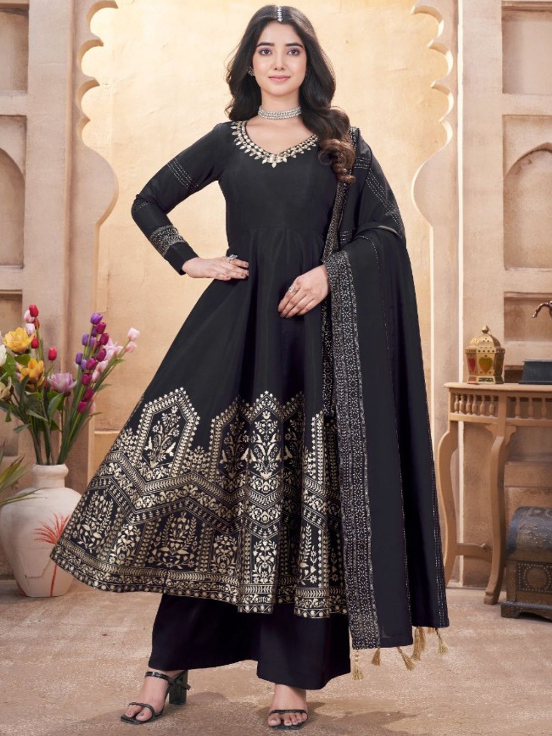 

ODETTE Ethnic Motifs Yoke Design Empire Kurta with Palazzos & Dupatta, Black