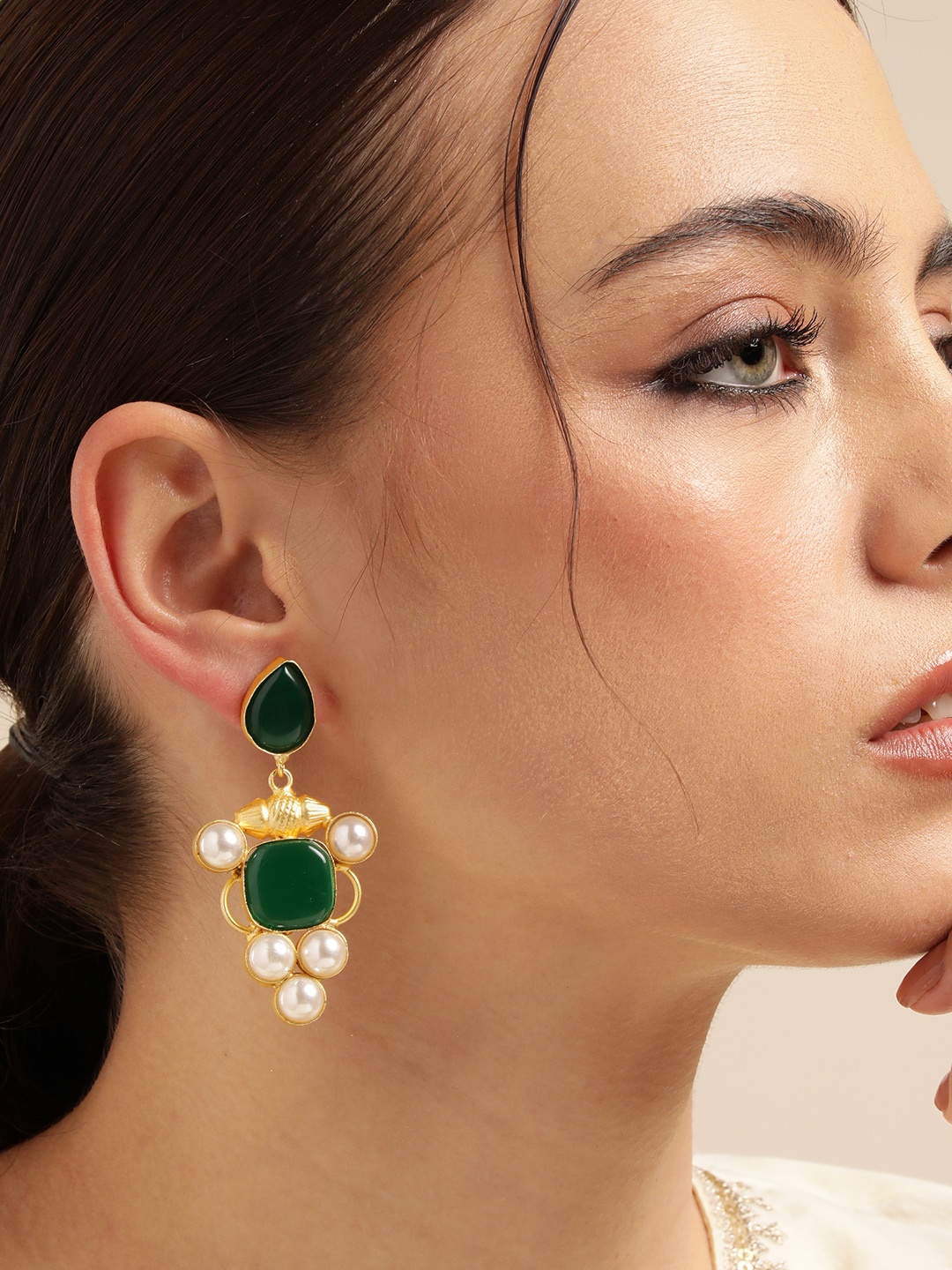 

Anouk Gold Plated Beaded Contemporary Drop Earrings, Green