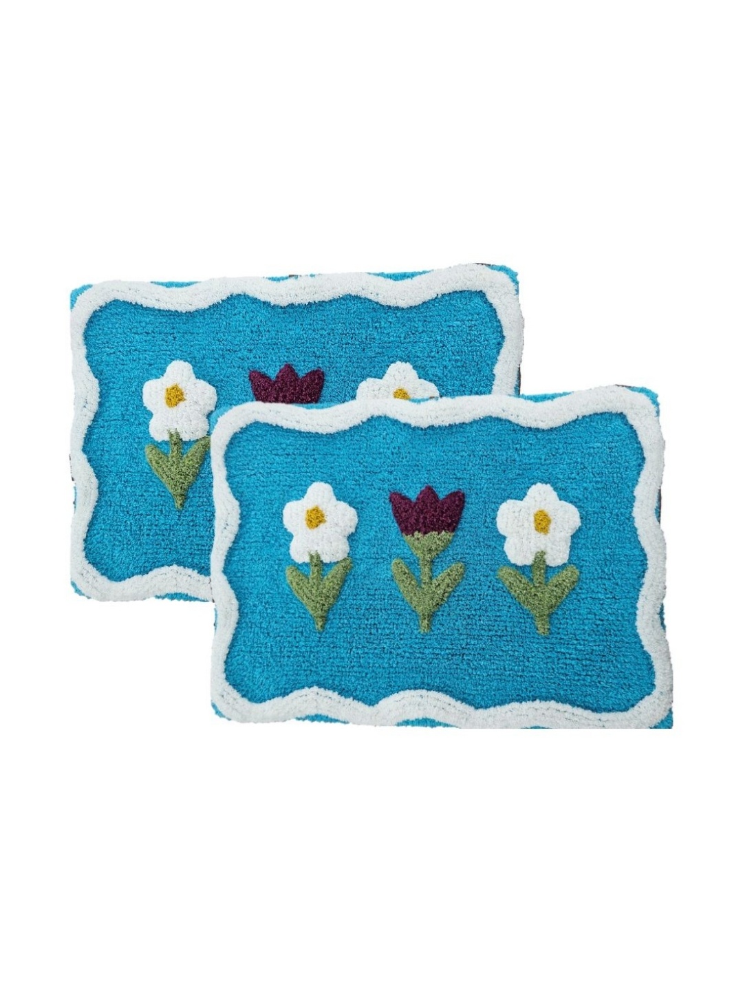 

Aura 2-Pcs Turquoise-Blue & White Self-Designed 1800 GSM Cotton Anti Skid Bath Rugs