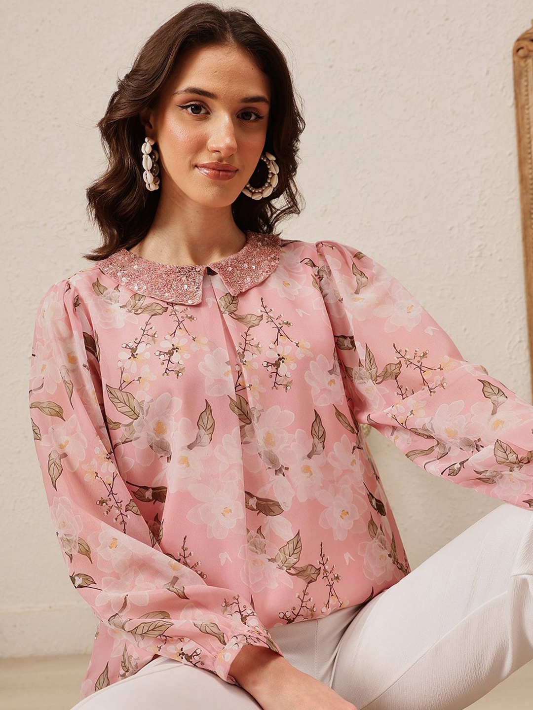 

QUIERO Women Floral Printed Peter Pan Collar Top, Pink