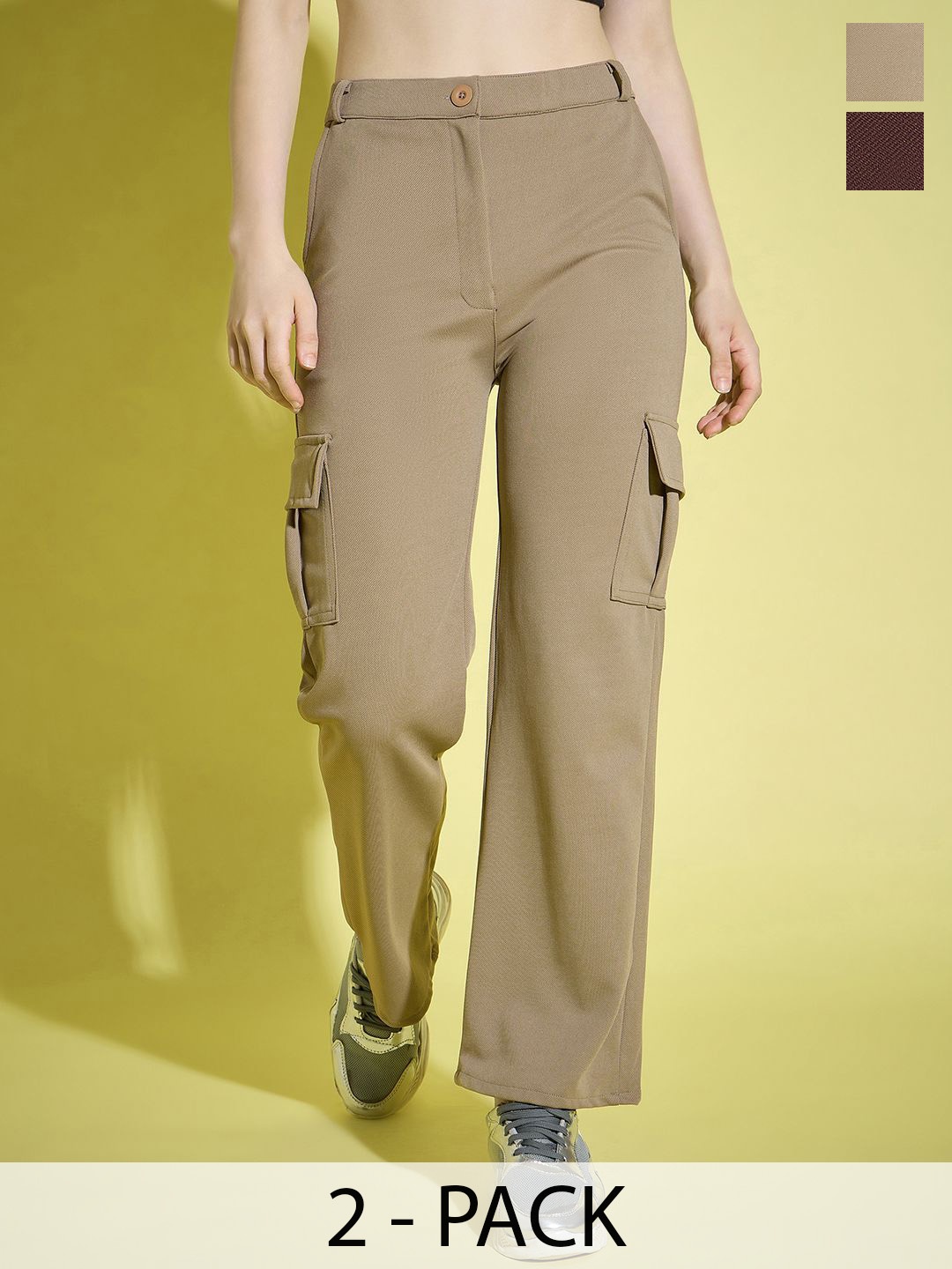 

BUY NEW TREND Women Pack Of 2 Relaxed High-Rise Cargos Trousers, Beige